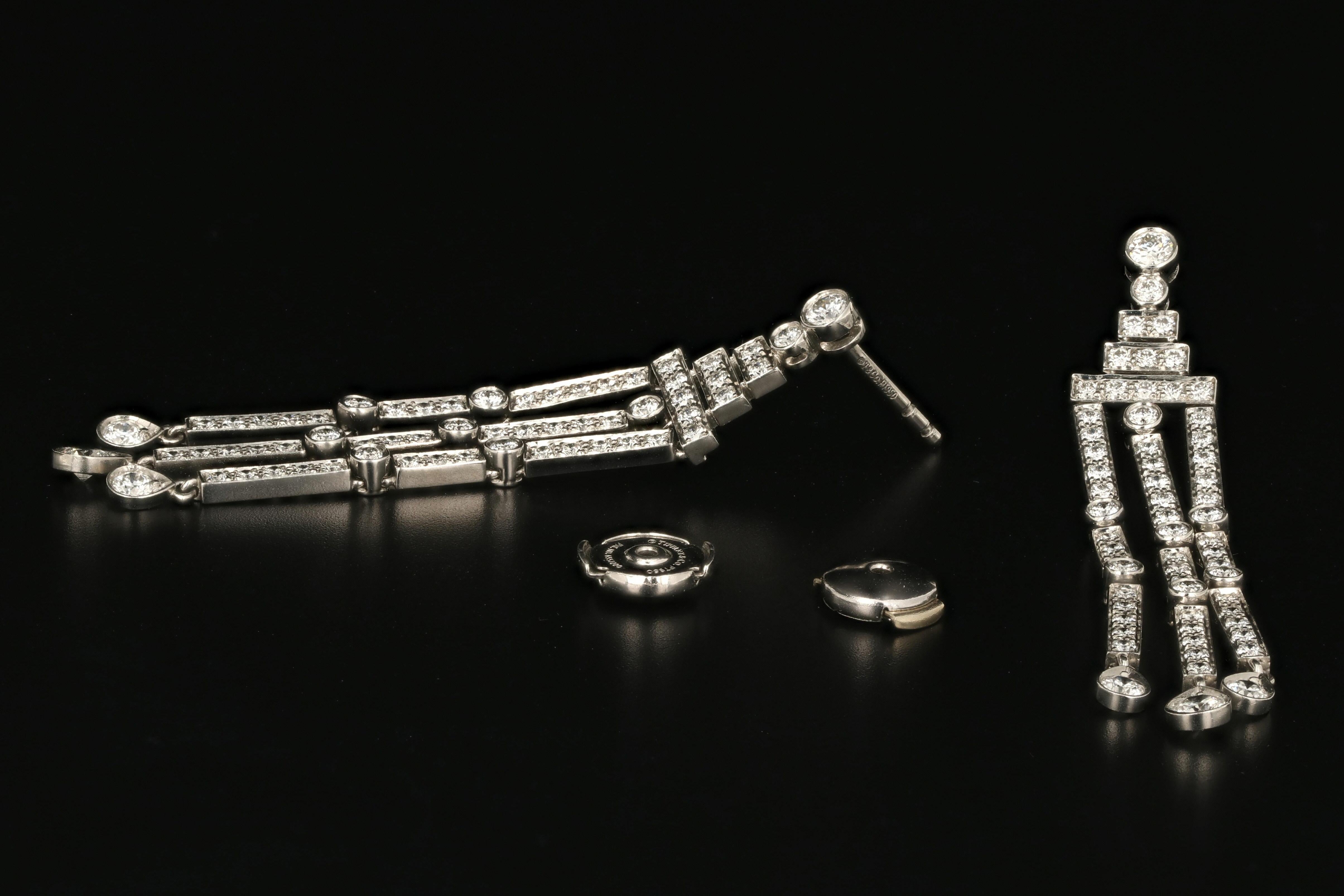 Art Deco Tiffany & Co Jazz Triple-Bar Diamond Drop Earrings in Platinum