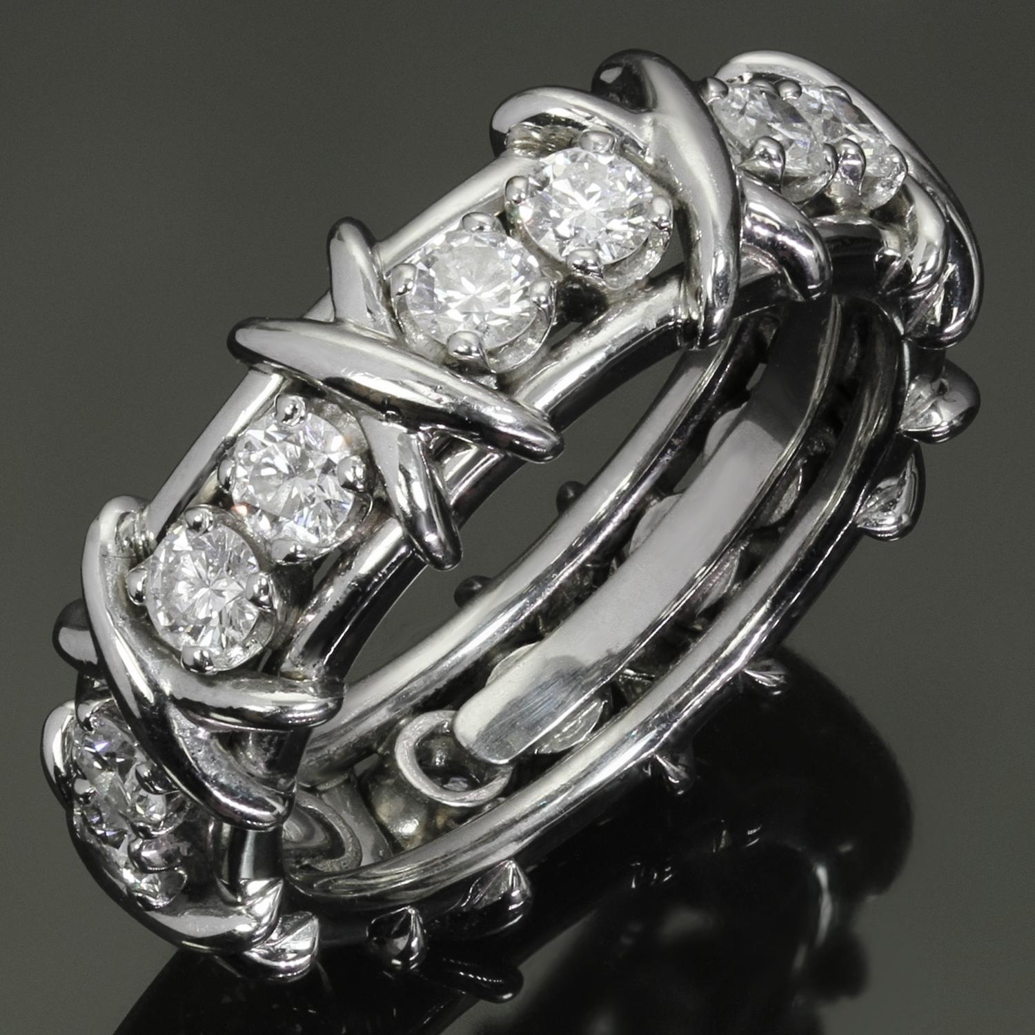 This iconic 16-stone Tiffany & Co. ring was designed by Jean Schlumberger features the classic X motif crafted in platinum and set with brilliant-cut round  F-G VVS2-VS1 diamonds weighing an estimated 1.20 carats. Made in United States circa 2010s.