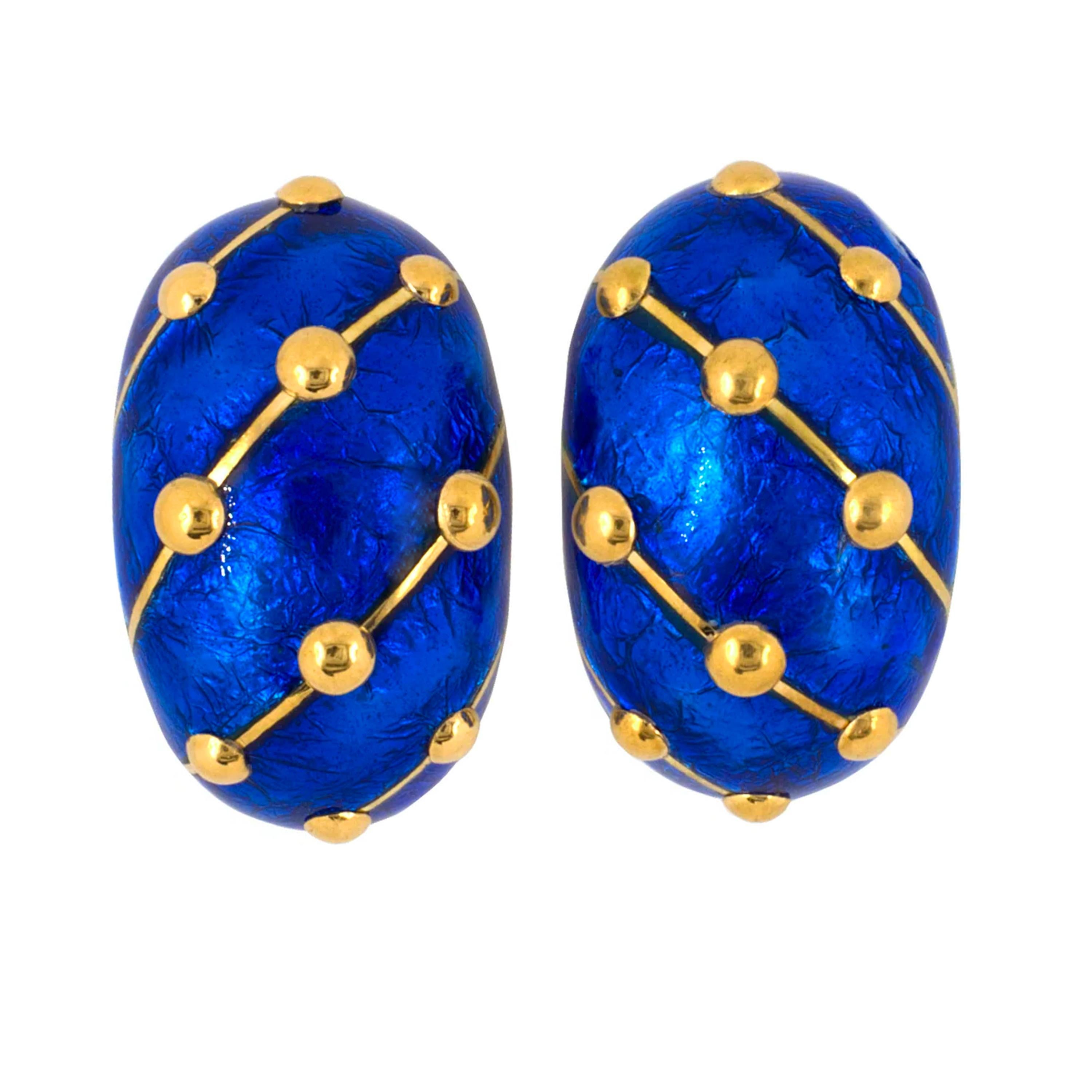 Tiffany & Co. Jean Schlumberger 18K Gold Blue Enamel Lozenge Banana Earrings In Excellent Condition For Sale In Boca Raton, FL