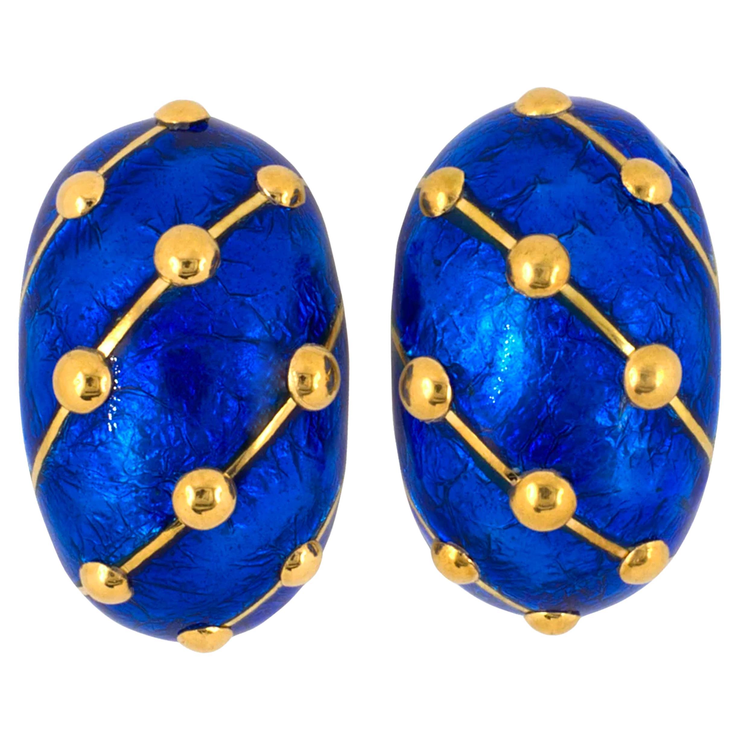 Tiffany & Co. Jean Schlumberger 18K Gold Blue Enamel Lozenge Banana Earrings For Sale