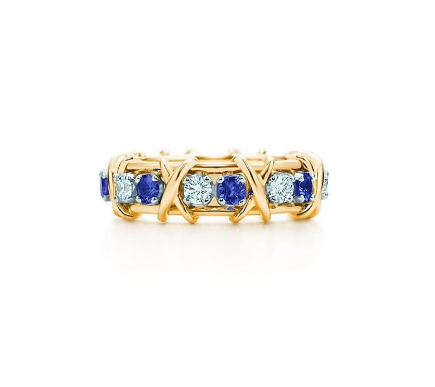 Round Cut TIFFANY & Co. Jean Schlumberger 18K Gold Sixteen Stone Diamond Sapphire X Ring 7 For Sale
