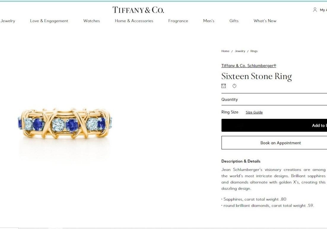 Women's TIFFANY & Co. Jean Schlumberger 18K Gold Sixteen Stone Diamond Sapphire X Ring 7 For Sale