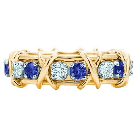 TIFFANY & Co. Jean Schlumberger 18K Gold Sixteen Stone Diamond Sapphire X Ring 7 For Sale