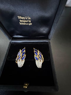 Tiffany & Co Jean Schlumberger Blue Enamel and Diamond 18k Gold Earrings