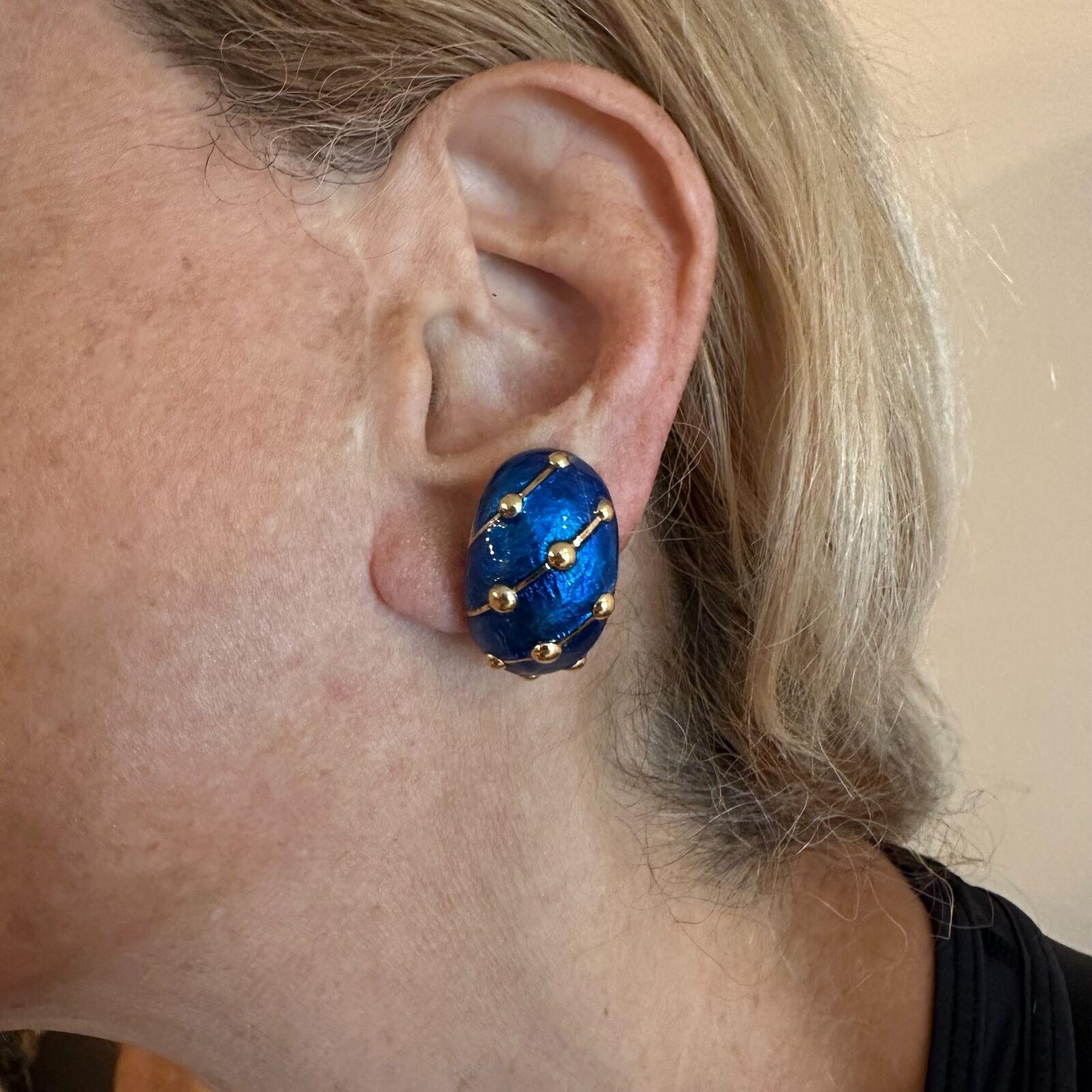 Tiffany & Co. Jean Schlumberger Blue Enamel Yellow Gold Large Banana Earrings For Sale 6