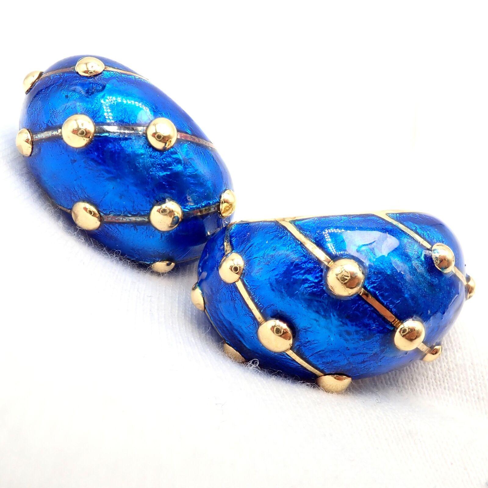 Tiffany & Co. Jean Schlumberger Blue Enamel Yellow Gold Large Banana Earrings In Excellent Condition For Sale In Holland, PA