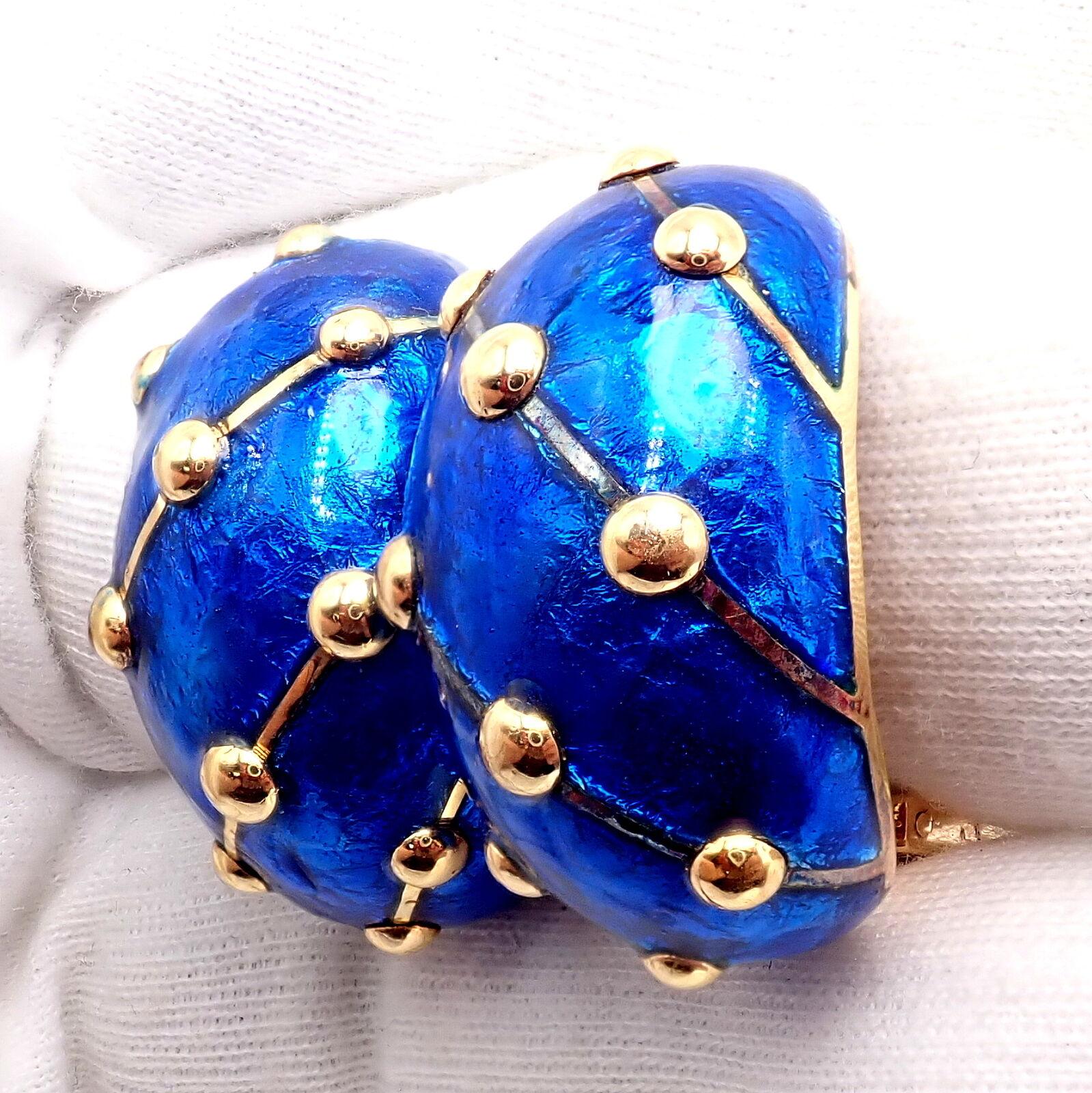 Tiffany & Co. Jean Schlumberger Blue Enamel Yellow Gold Large Banana Earrings For Sale 3