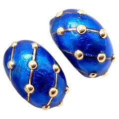 Tiffany & Co. Jean Schlumberger Pendientes Plátano Grande Esmalte Azul Oro Amarillo