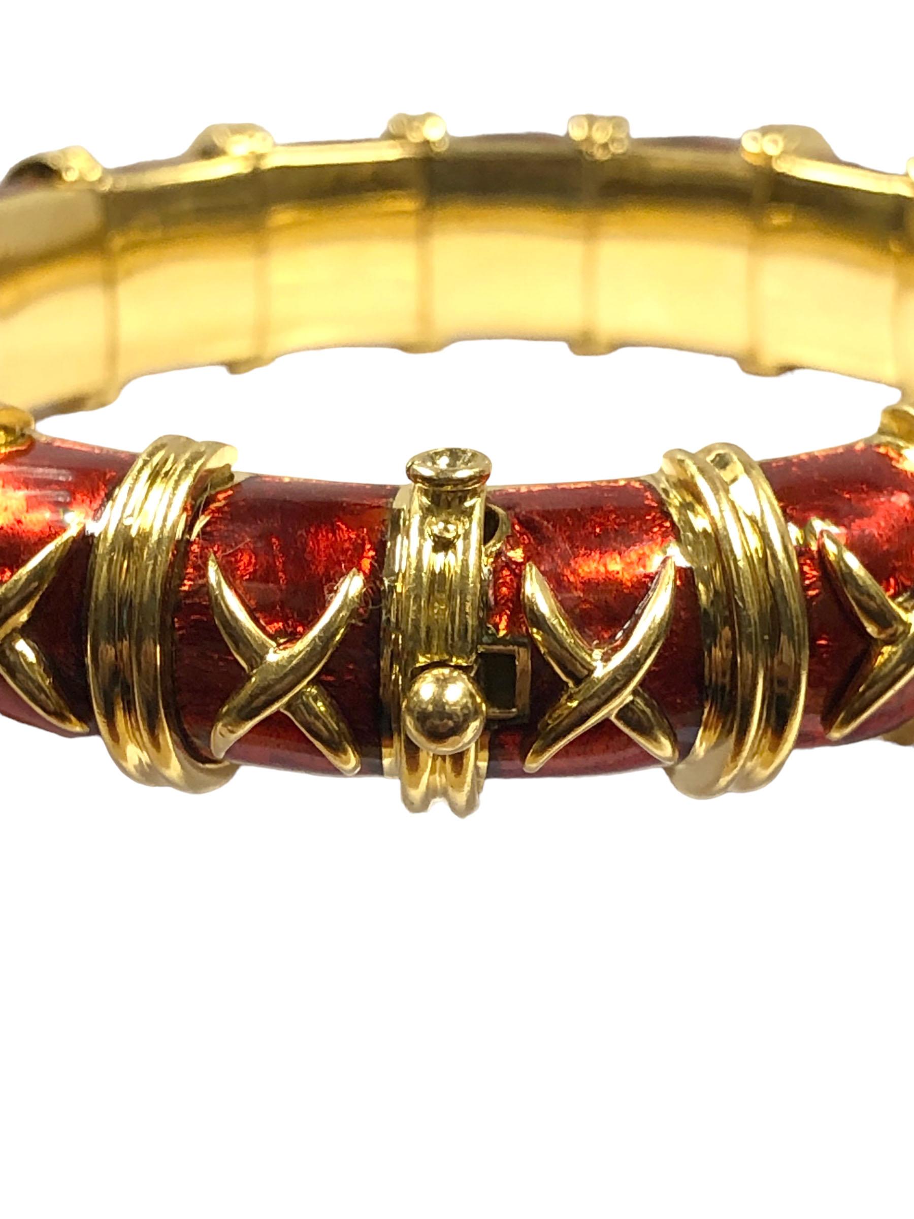 Tiffany & Co. Jean Schlumberger Croisillon Gold and Red Enamel Bangle Bracelet In Excellent Condition For Sale In Chicago, IL