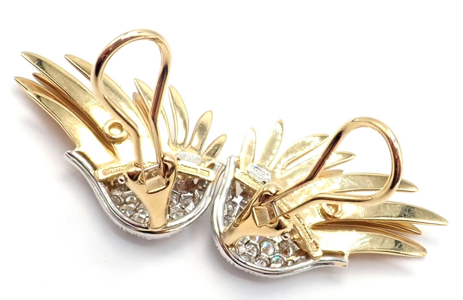 18k Yellow Gold And Platinum Diamond Flame Earrings by Jean Schlumberger for Tiffany & Co. 
With round brilliant cut diamonds VVS1 clarity, D color total weight approximately 1.86ct 
These earrings are for non pierced ears, but they can be converted