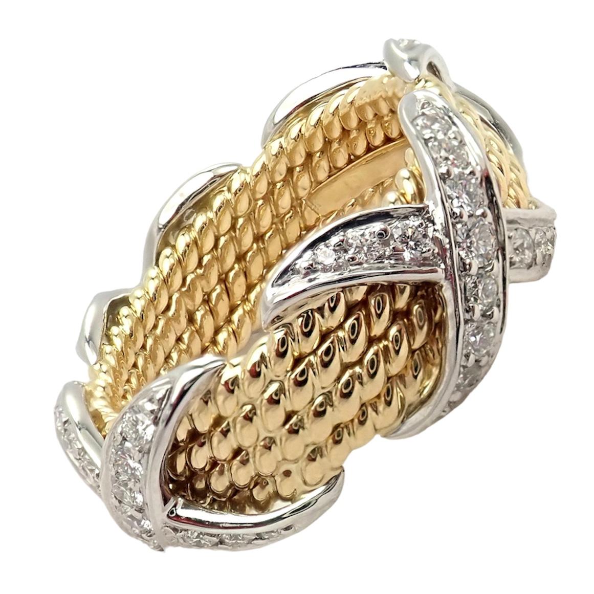 Tiffany & Co. Jean Schlumberger Diamond Four Row Yellow Gold Platinum X Ring In Excellent Condition For Sale In Holland, PA