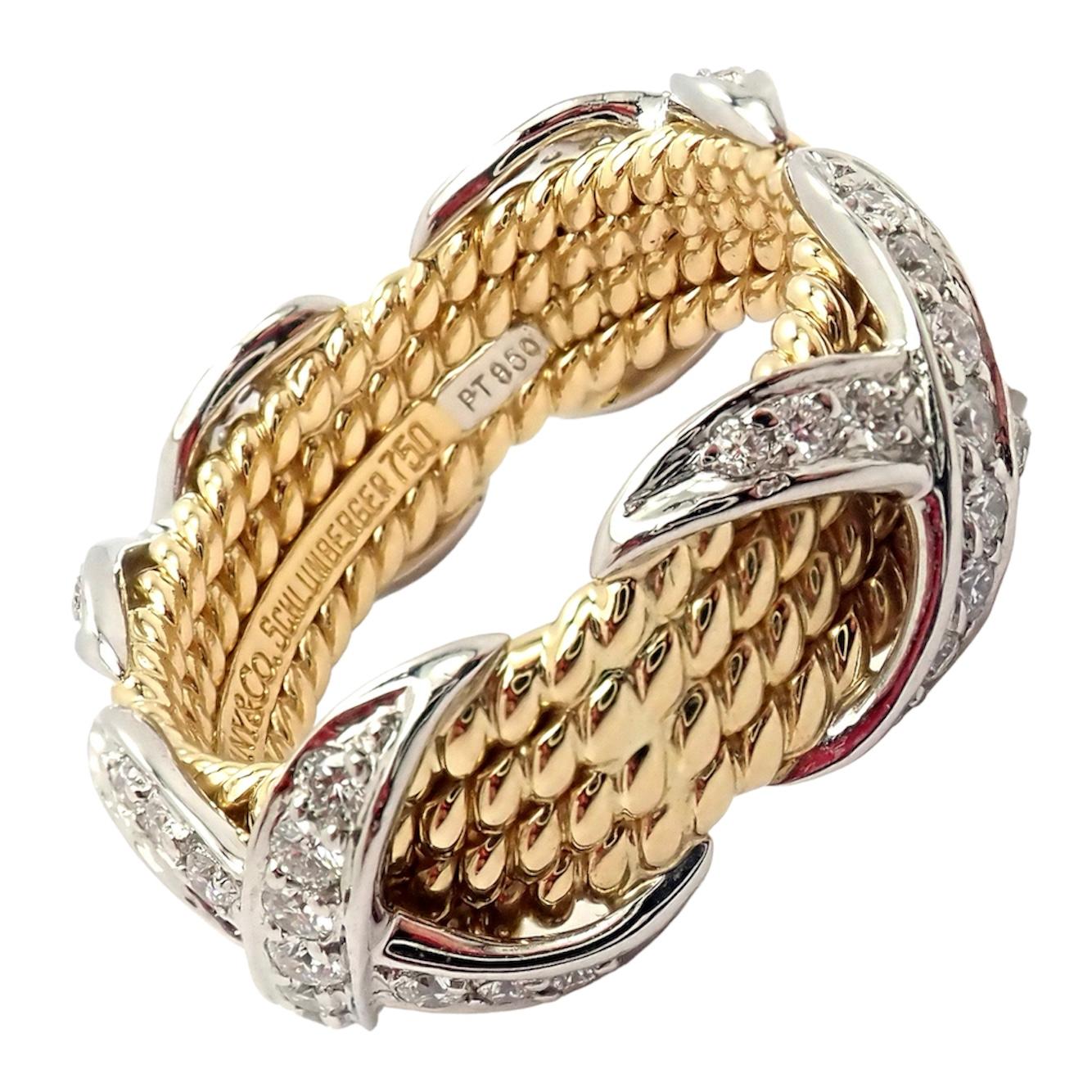 Women's Tiffany & Co. Jean Schlumberger Diamond Four Row Yellow Gold Platinum X Ring For Sale