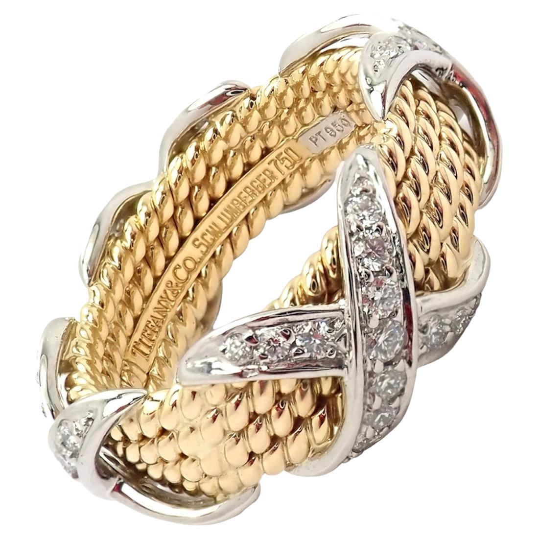 Tiffany & Co. Jean Schlumberger Diamond Four Row Yellow Gold Platinum X Ring
