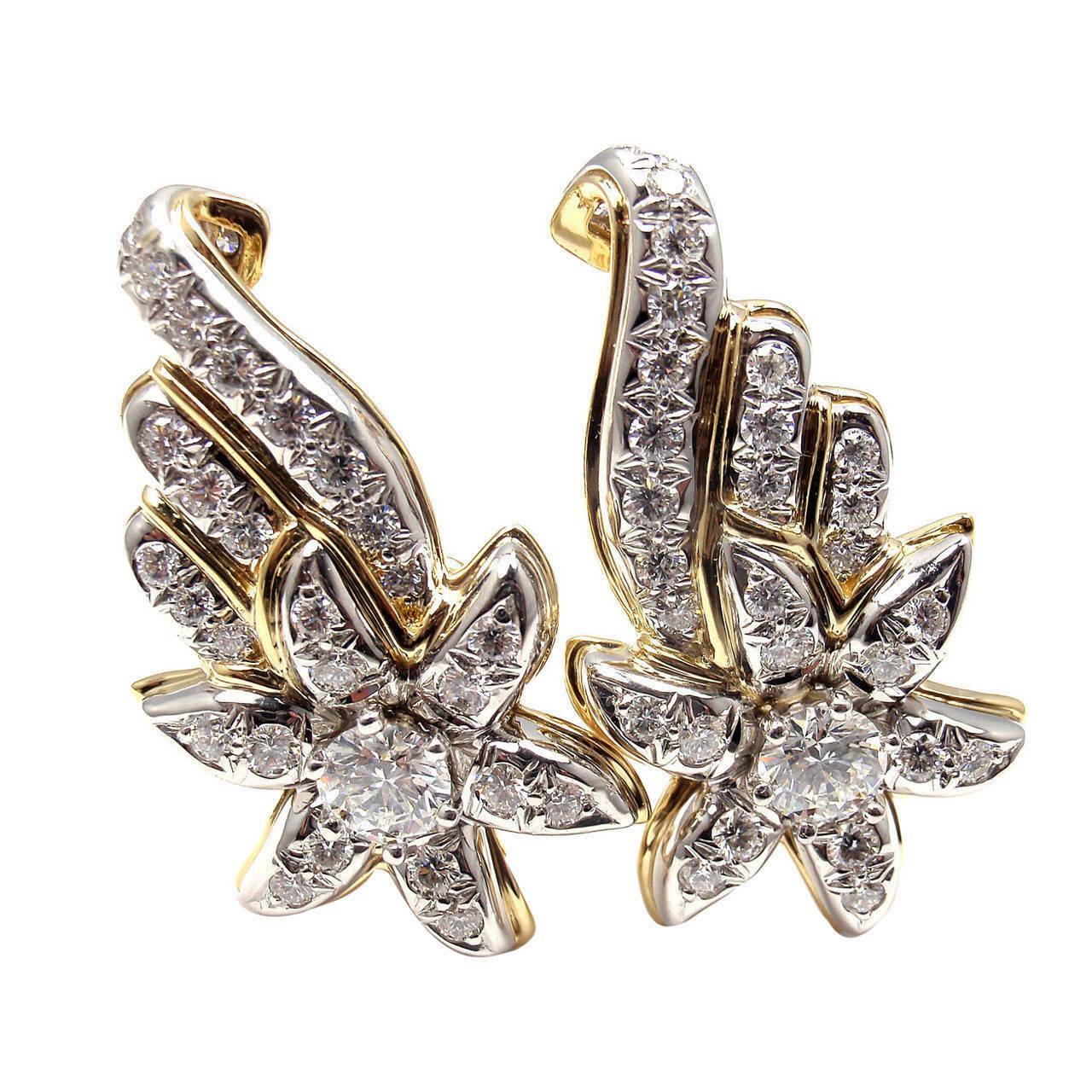Platinum & 18k Yellow Gold Flame Earrings by Jean Schlumberger
for Tiffany & Co. 
With 62 round brilliant cut diamonds  VS1 clarity, E color total weight 
approximately 3.60ct
Details: 
Weight: 21.8 grams
Dimensions: 35mm x 20mm
Stamped Hallmarks: