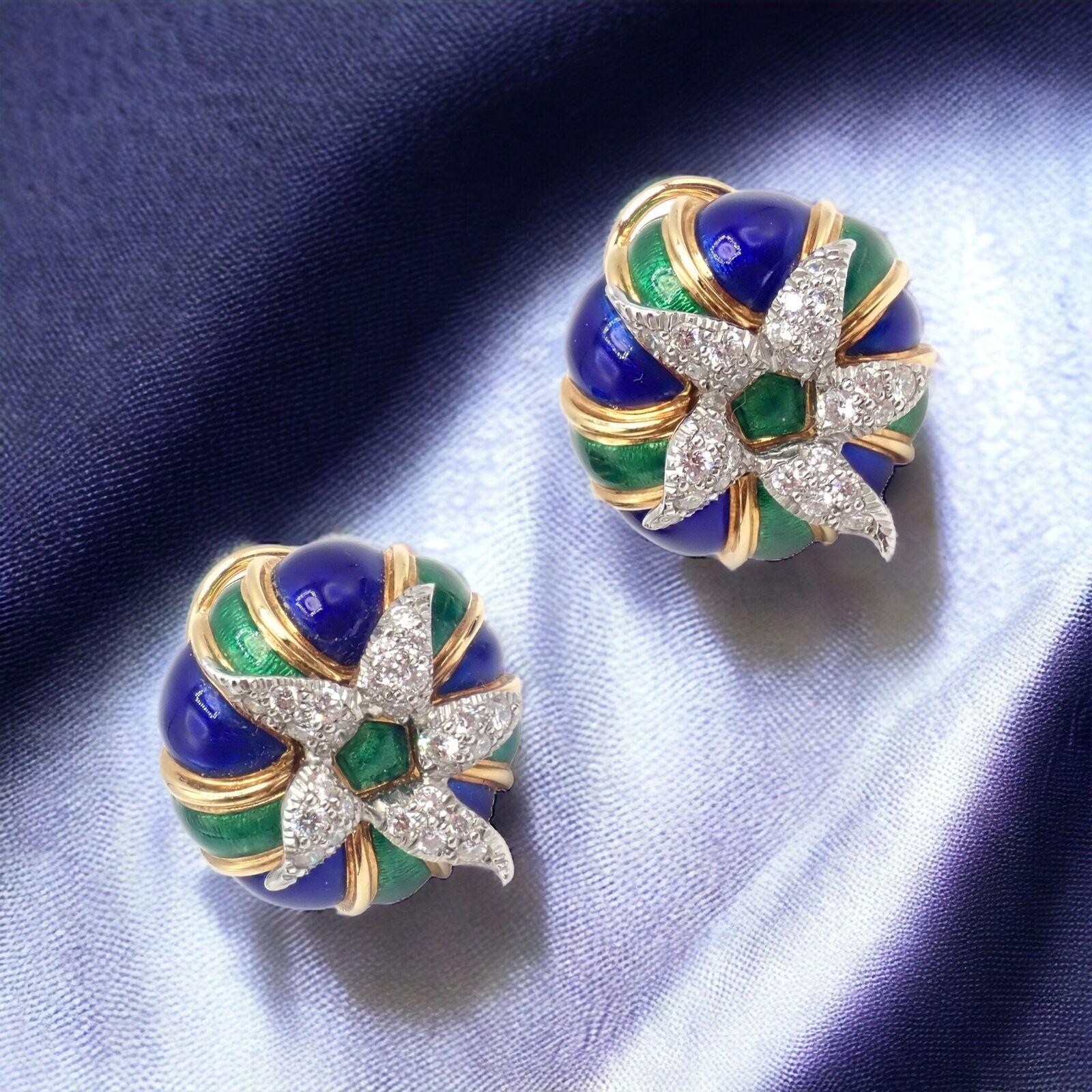 Tiffany & Co Jean Schlumberger Diamond Green Blue Enamel Yellow Gold Earrings For Sale 5