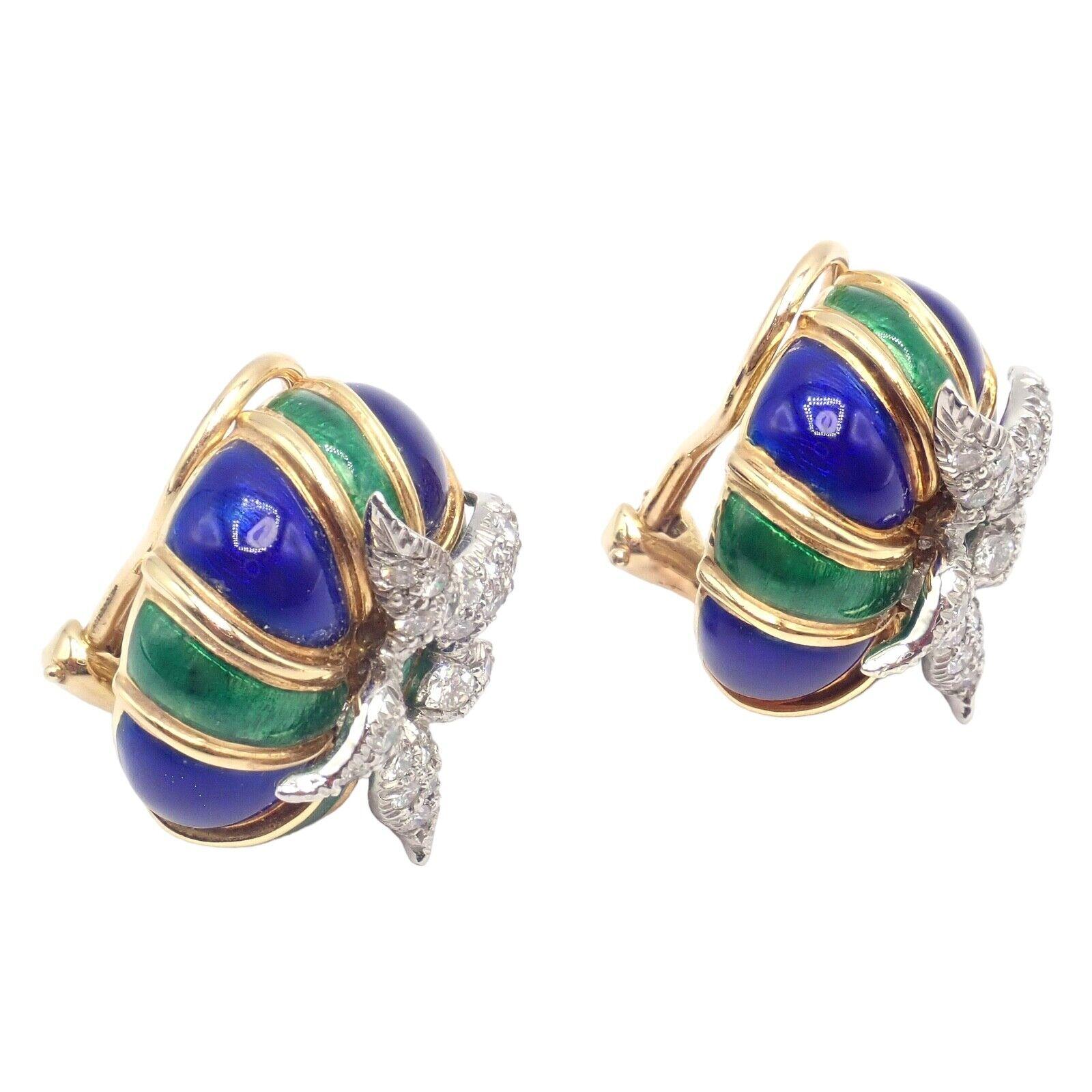 18k Yellow Gold Diamond Green And Blue Enamel Jean Schlumberger Earrings for Tiffany & Co. 
With 50 Round Brilliant Cut Diamonds VS1 clarity, G color total weight approximately 0.75ct
Blue and Green Enamel in great condition, no chips
These earrings