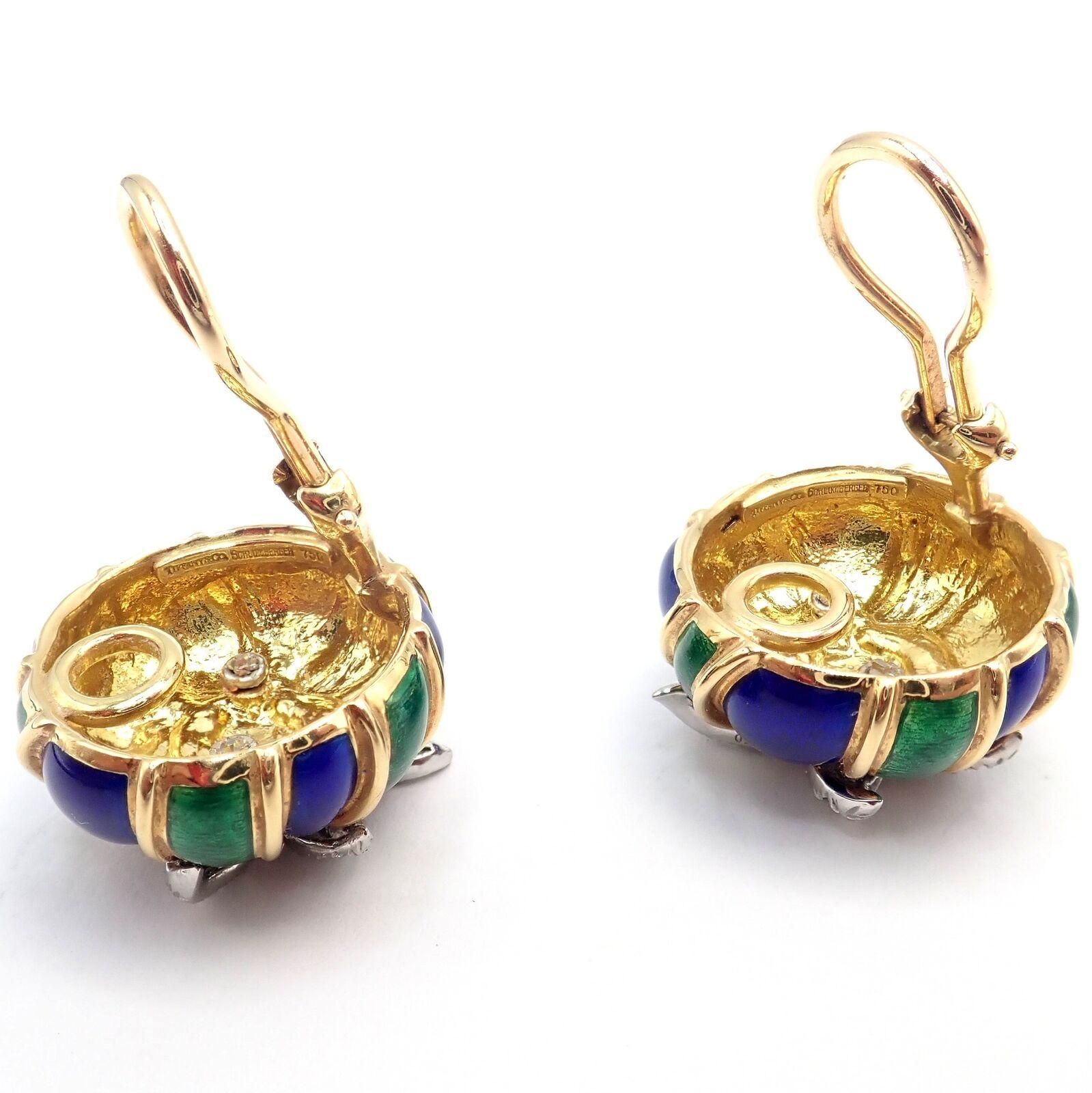Gelbgold-Ohrringe von Tiffany & Co Jean Schlumberger mit Diamanten in Grün und Blau und Emaille (Brillantschliff) im Angebot