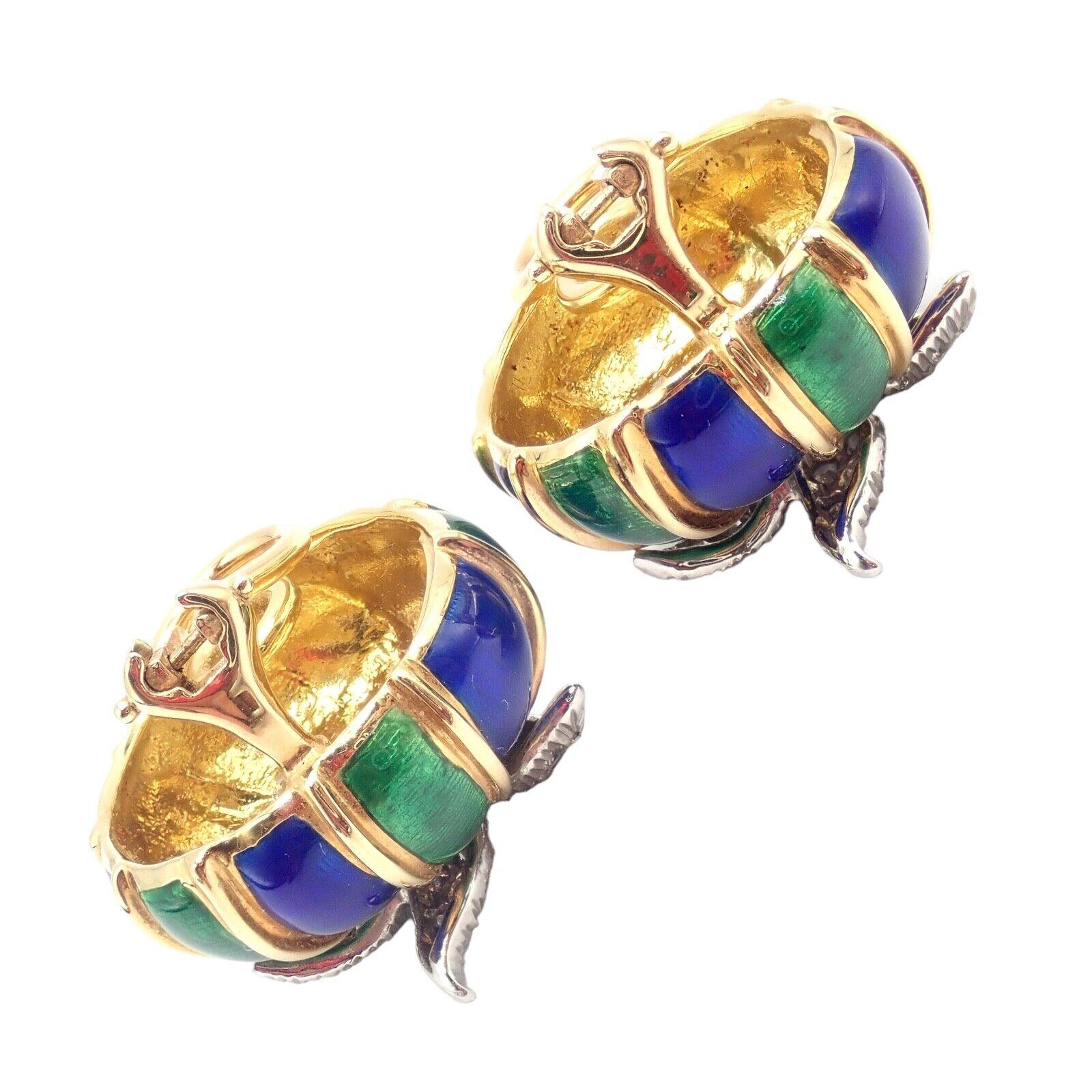 Brilliant Cut Tiffany & Co Jean Schlumberger Diamond Green Blue Enamel Yellow Gold Earrings For Sale
