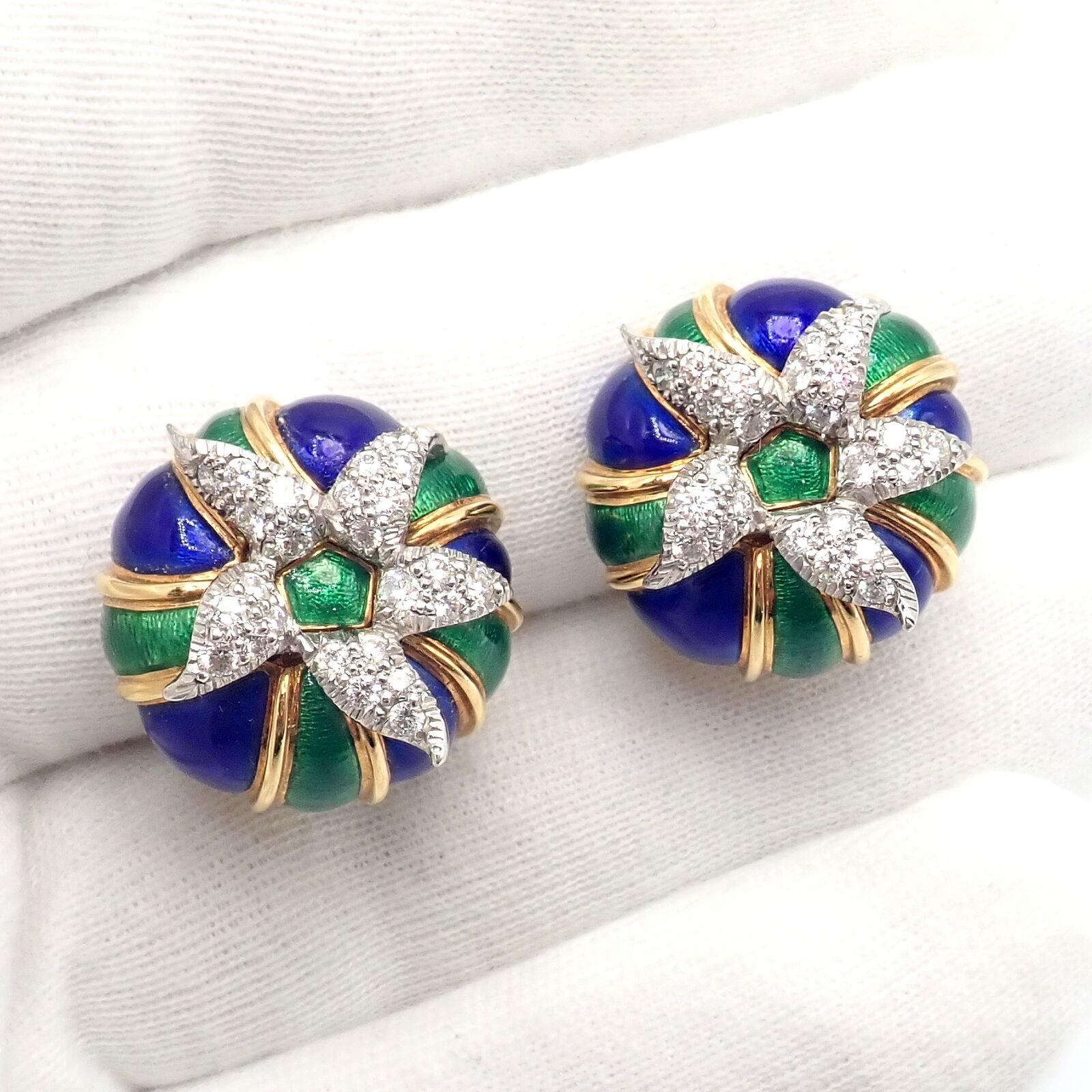 Tiffany & Co Jean Schlumberger Diamond Green Blue Enamel Yellow Gold Earrings In Excellent Condition For Sale In Holland, PA