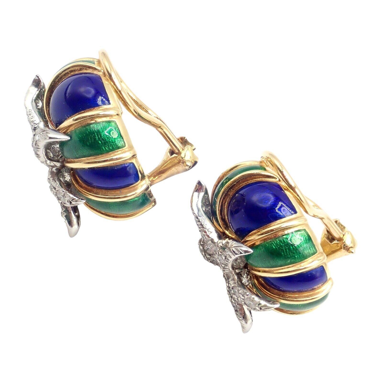 Women's or Men's Tiffany & Co Jean Schlumberger Diamond Green Blue Enamel Yellow Gold Earrings For Sale