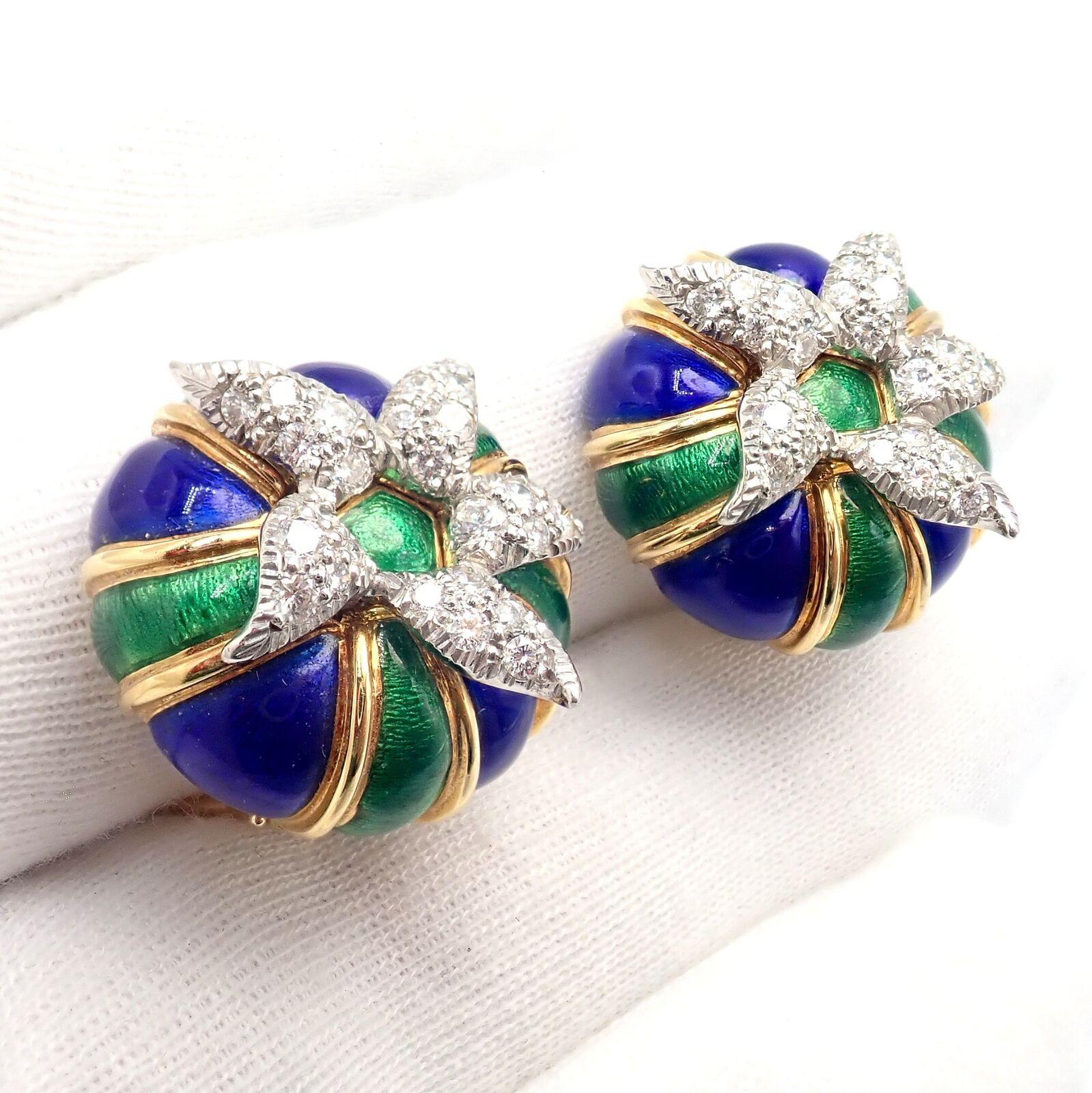 Tiffany & Co Jean Schlumberger Diamond Green Blue Enamel Yellow Gold Earrings For Sale 1