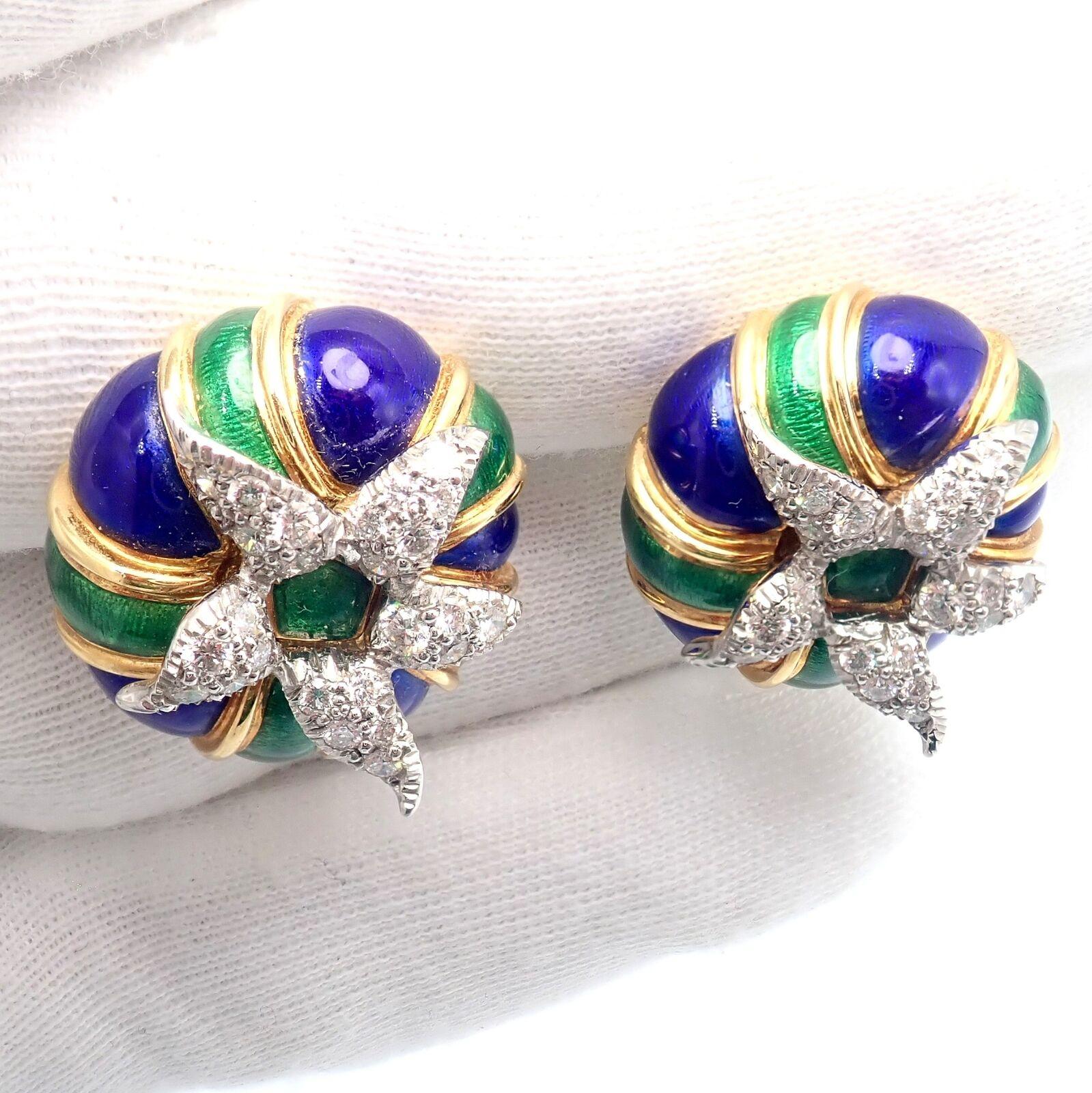 Tiffany & Co Jean Schlumberger Diamond Green Blue Enamel Yellow Gold Earrings For Sale 2