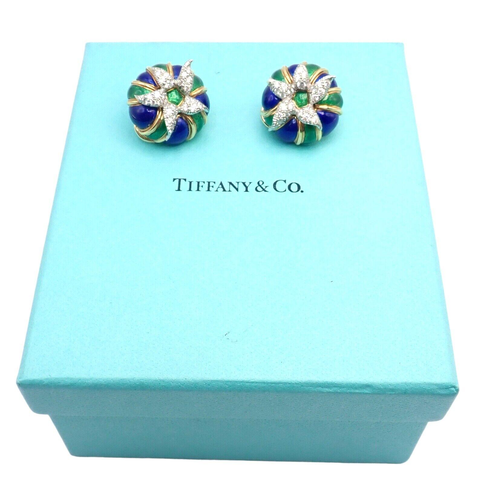 Tiffany & Co Jean Schlumberger Diamond Green Blue Enamel Yellow Gold Earrings For Sale 3