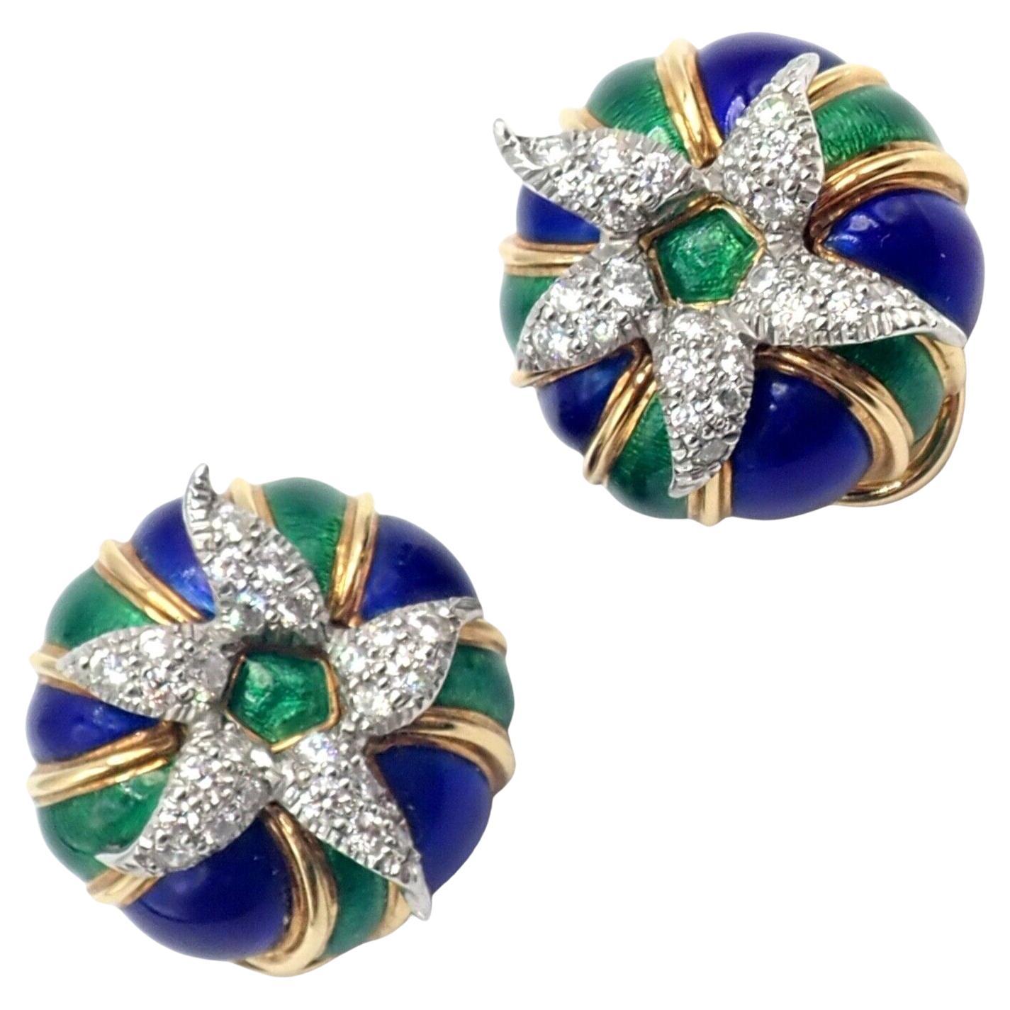 Tiffany & Co Jean Schlumberger Diamond Green Blue Enamel Yellow Gold Earrings For Sale