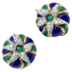 Retro Tiffany & Co Jean Schlumberger Diamond Green Blue Enamel Yellow Gold Earrings