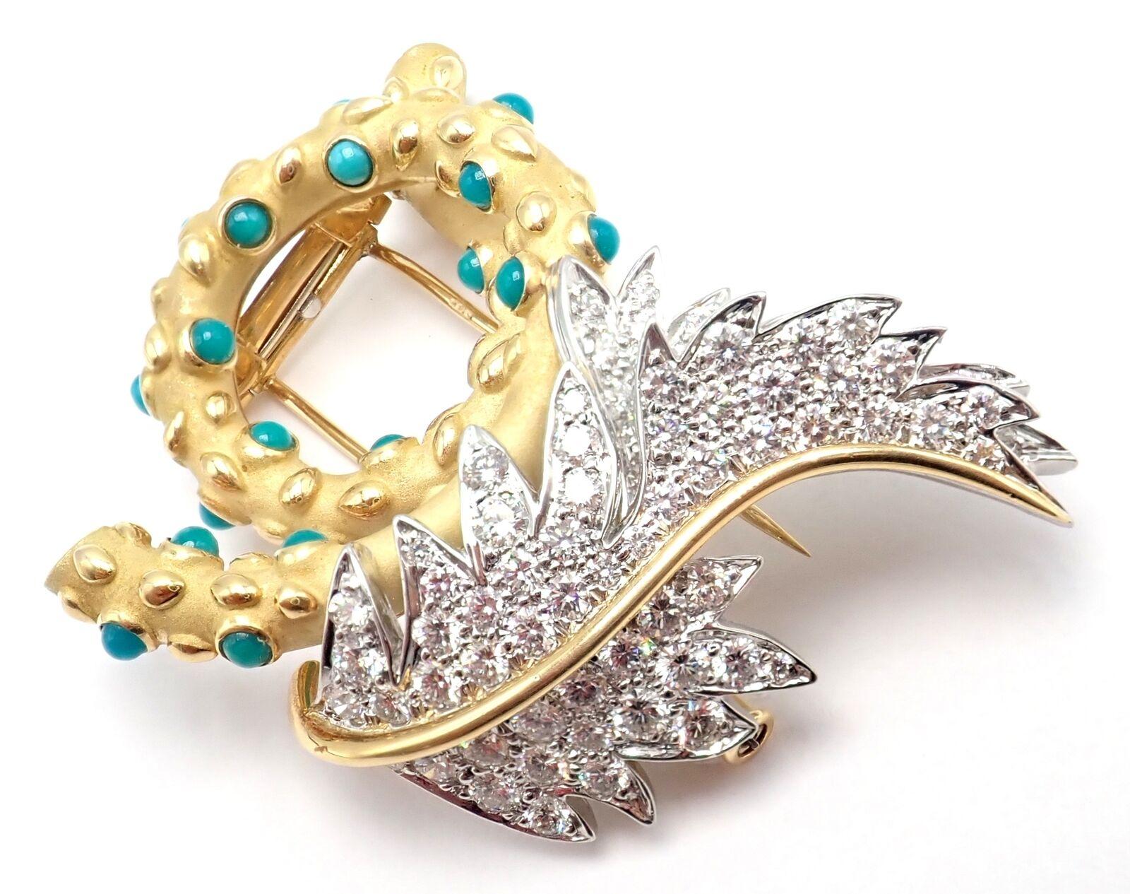Tiffany & Co Jean Schlumberger Diamond Turquoise Yellow Gold Platinum Pin Brooch 3