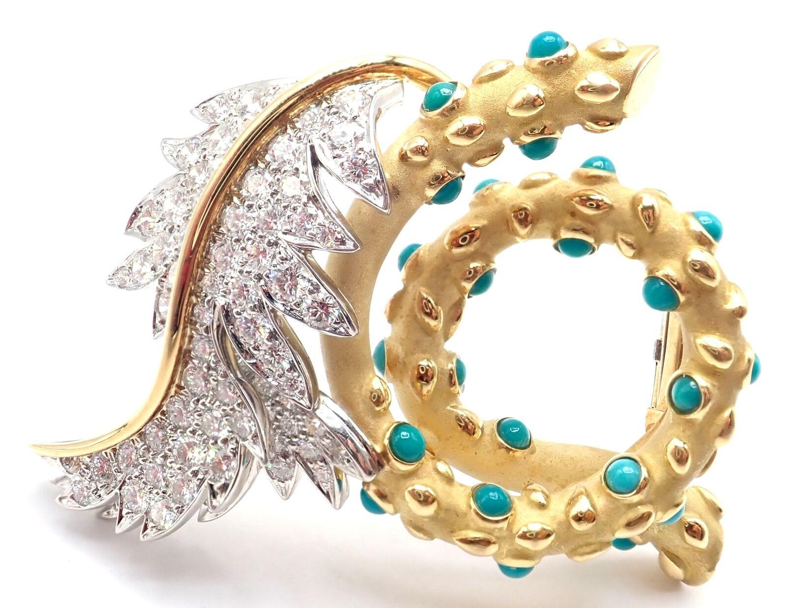 18k Yellow Gold Platinum Diamond And Turquoise Brooch Pin by Jean Schlumberger for Tiffany & Co.
With 78 round brilliant cut diamonds VS1 clarity, G color total weight approximately 3.23ct
21 round turquoise stones
This brooch comes with Tiffany &
