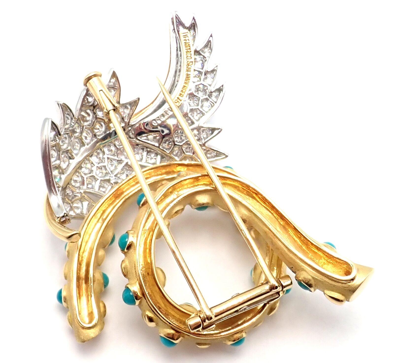 Tiffany & Co Jean Schlumberger Diamond Turquoise Yellow Gold Platinum Pin Brooch For Sale 1