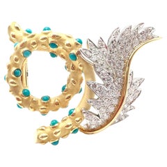 Tiffany & Co Jean Schlumberger Diamond Turquoise Yellow Gold Platinum Pin Brooch