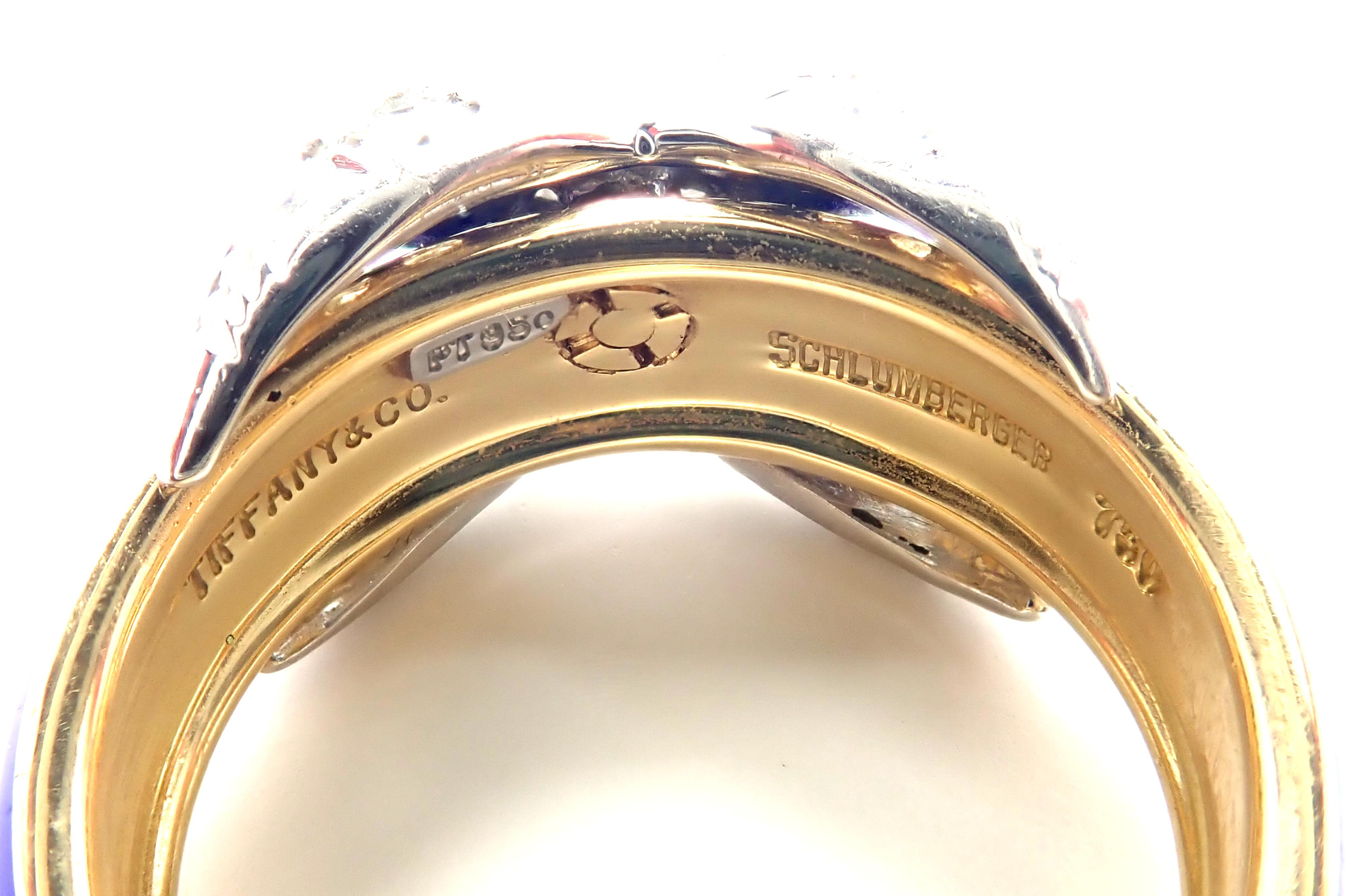 Tiffany & Co. Jean Schlumberger Diamond X Blue Enamel Gold Platinum Band Ring 3