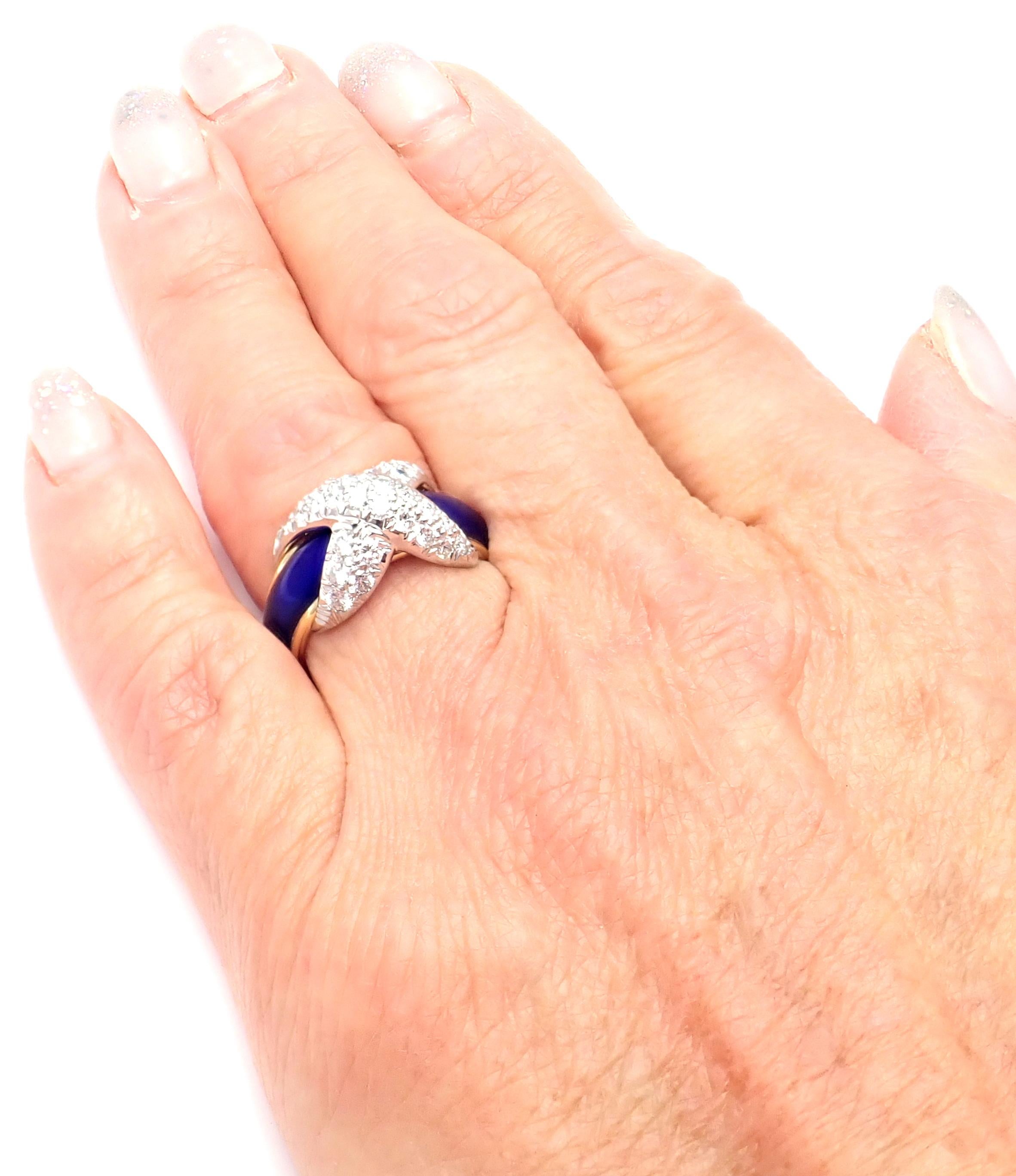 Women's or Men's Tiffany & Co. Jean Schlumberger Diamond X Blue Enamel Gold Platinum Band Ring
