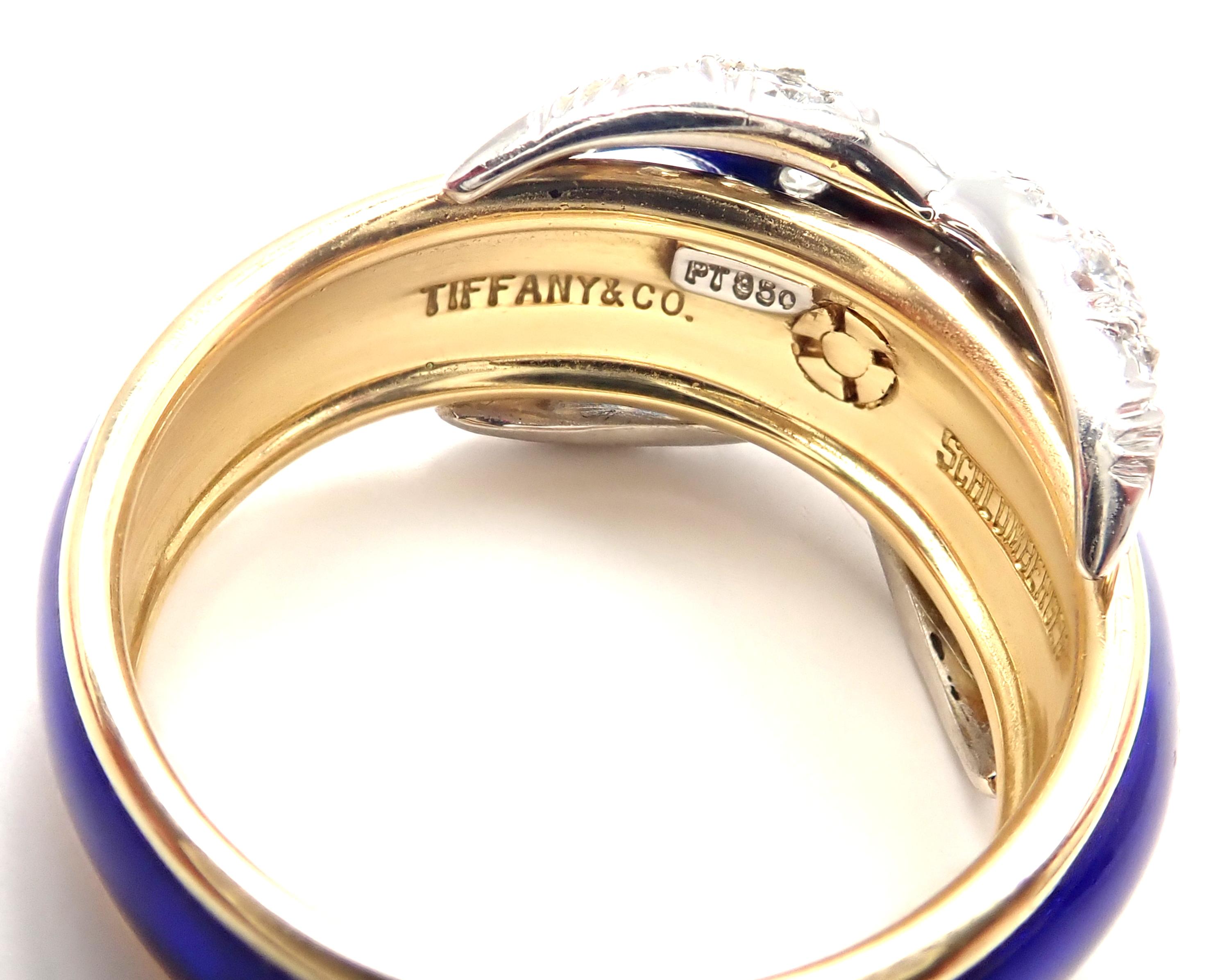 Tiffany & Co. Jean Schlumberger Diamond X Blue Enamel Gold Platinum Band Ring 1