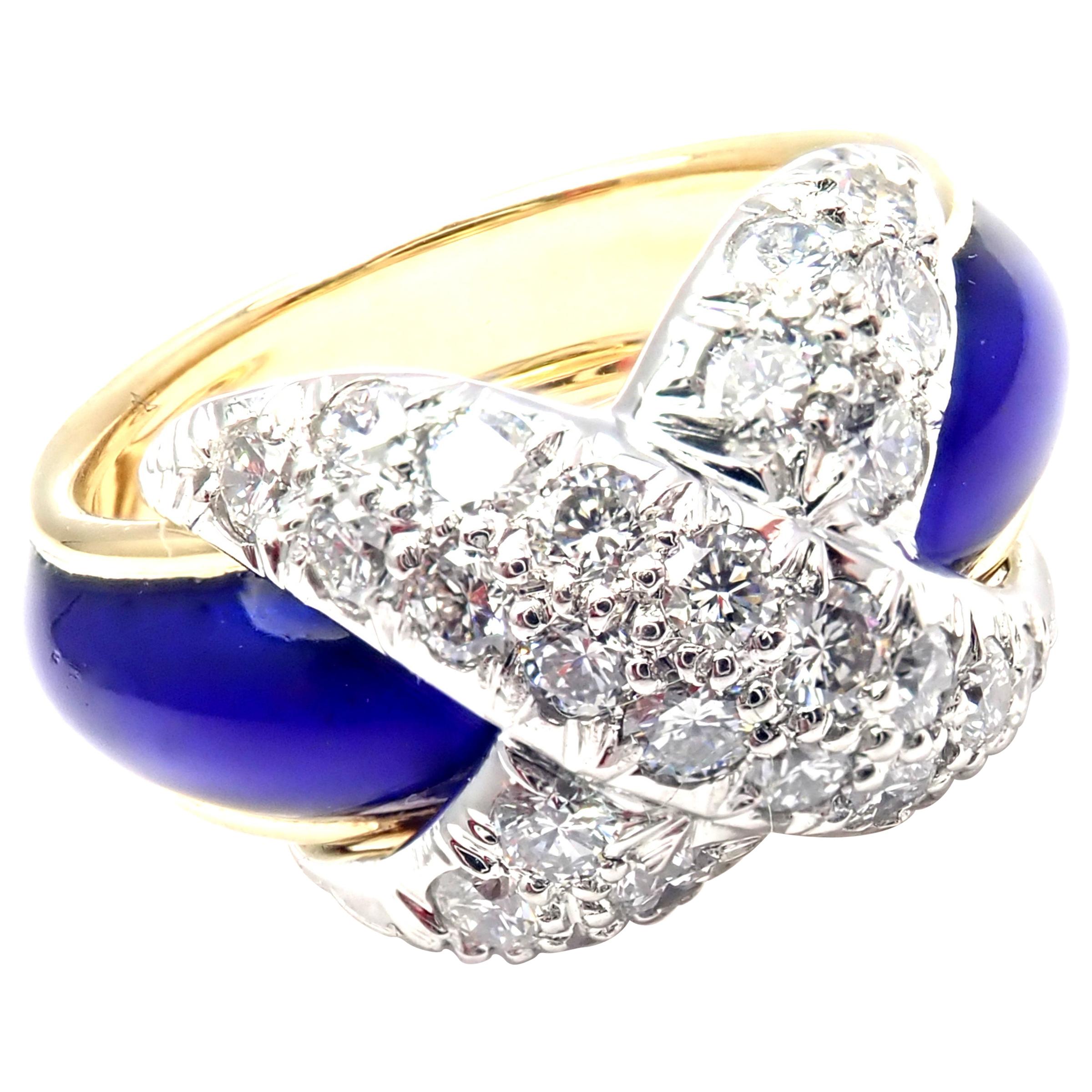 Tiffany & Co. Jean Schlumberger Diamond X Blue Enamel Gold Platinum Band Ring