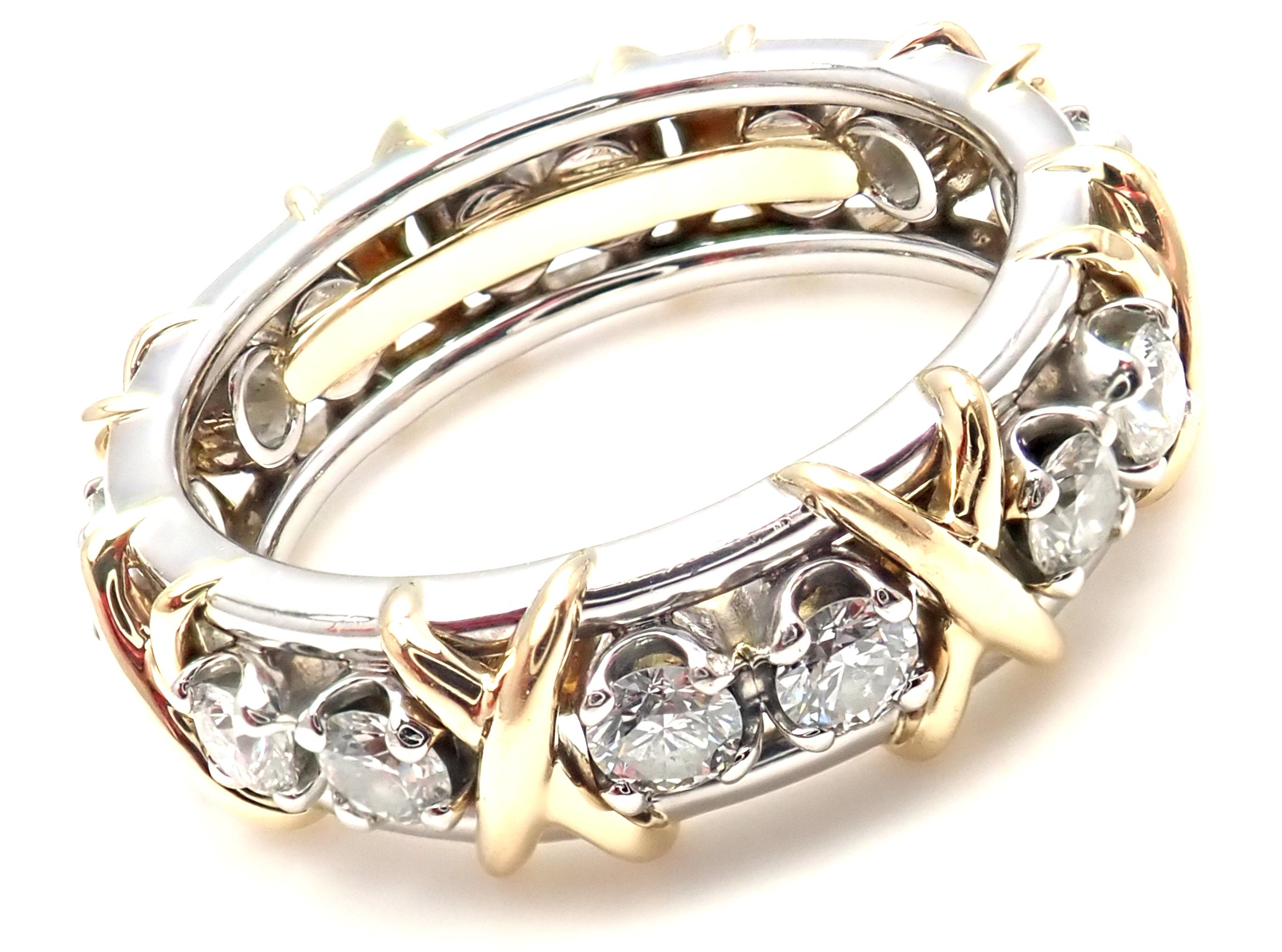 18k Yellow Gold & Platinum Diamond Jean Schlumberger Band Ring designed for Tiffany & Co. 
With 16 Round Brilliant Cut Diamonds VS1 clarity, G color, Total weight Approx 1.14ct
This ring comes with Tiffany & Co box.
Details:
Ring Size: 5 1/4
Weight: