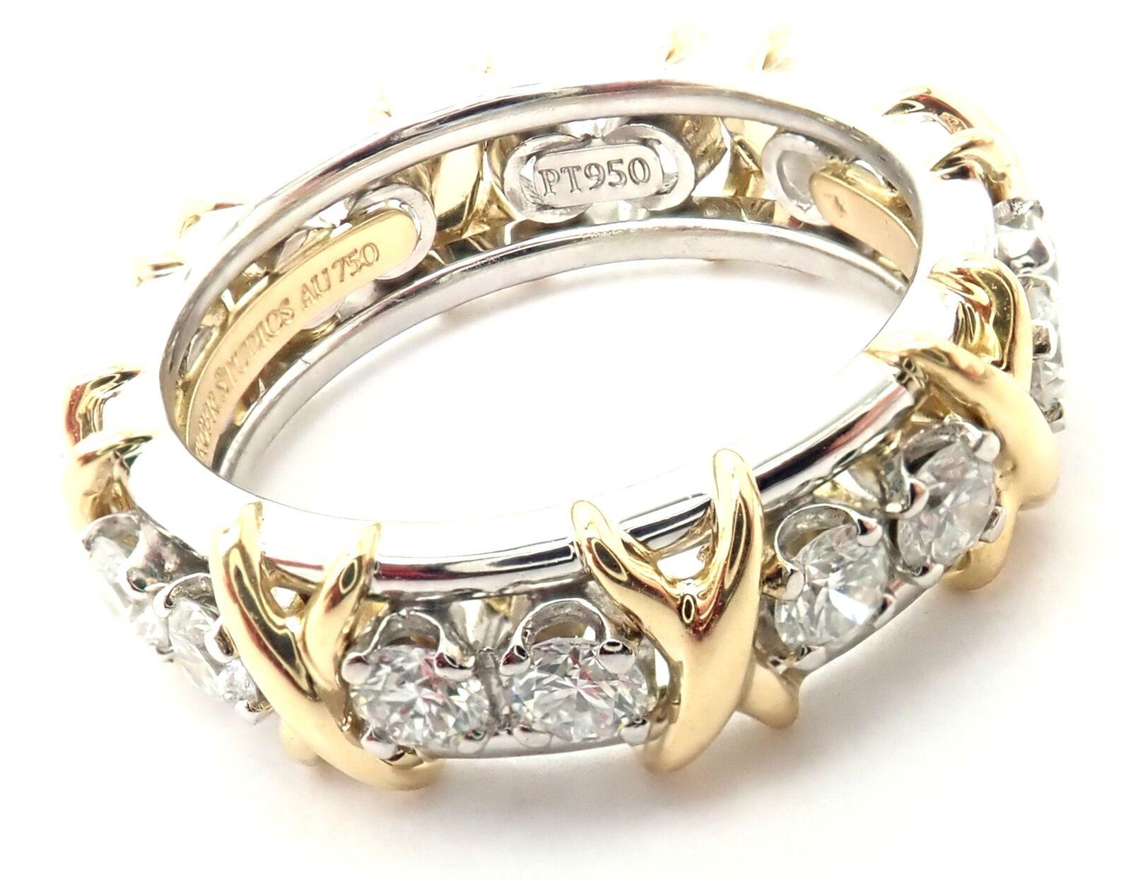 18k Yellow Gold & Platinum Diamond Jean Schlumberger Band Ring designed for Tiffany & Co. 
With 16 Round Brilliant Cut Diamonds VS1 clarity, G color, Total weight Approx 1.14ct
This ring comes with Tiffany Box and a receipt from the