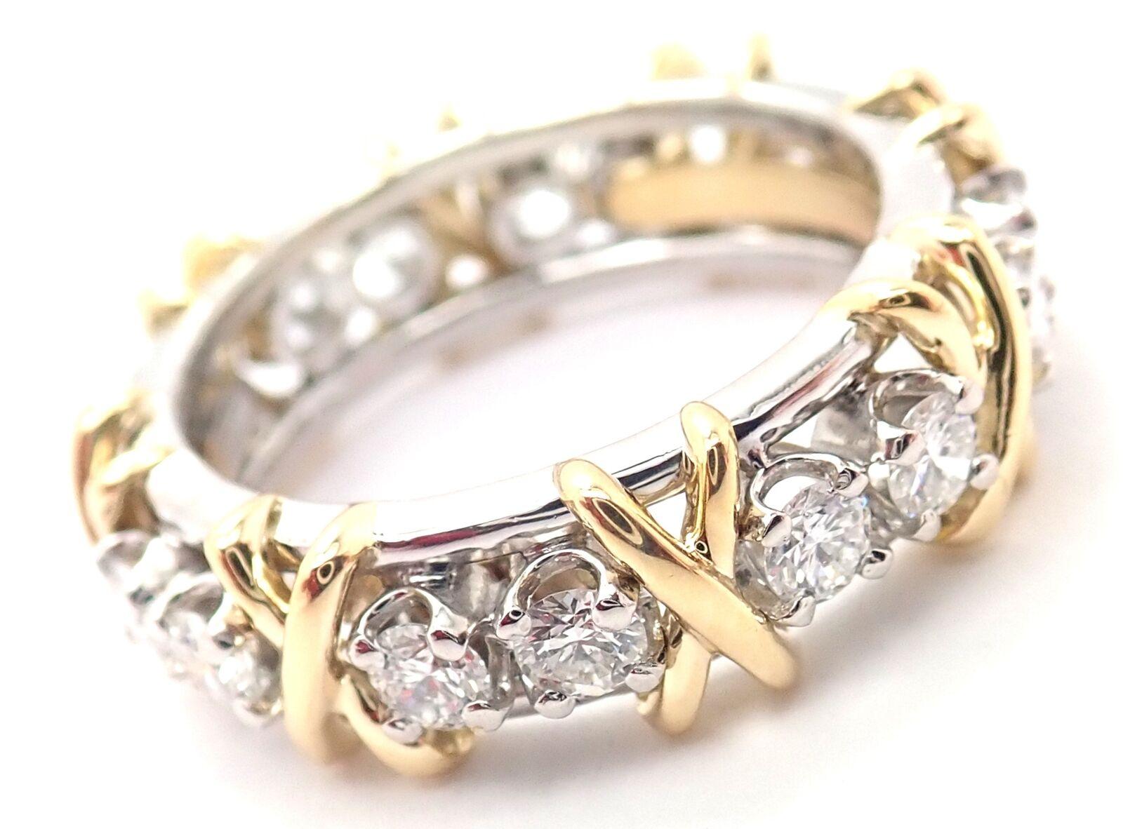 18k Yellow Gold & Platinum Diamond Jean Schlumberger Band Ring designed for Tiffany & Co. 
With 16 Round Brilliant Cut Diamonds VS1 clarity, G color, Total weight Approx 1.14ct
This ring comes with Tiffany Box.
Details:
Ring Size: 6.25
Weight: 10.1