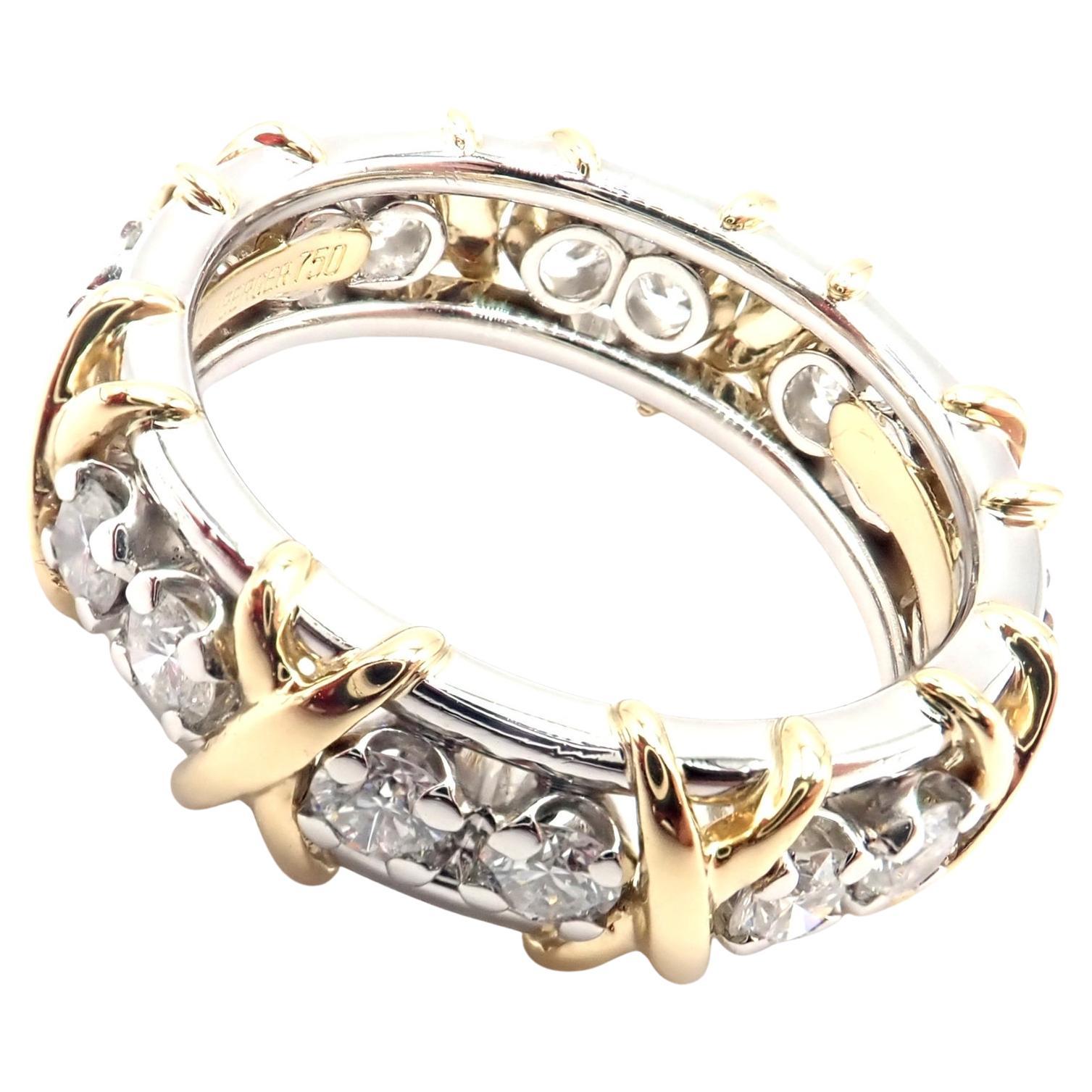 18k Yellow Gold & Platinum Diamond Jean Schlumberger Band Ring designed for Tiffany & Co. 
With 16 Round Brilliant Cut Diamonds VS1 clarity, G color, Total weight Approx 1.14ct
This ring comes with Tiffany Box.
Details:
Ring Size: 6
Weight: 9.2