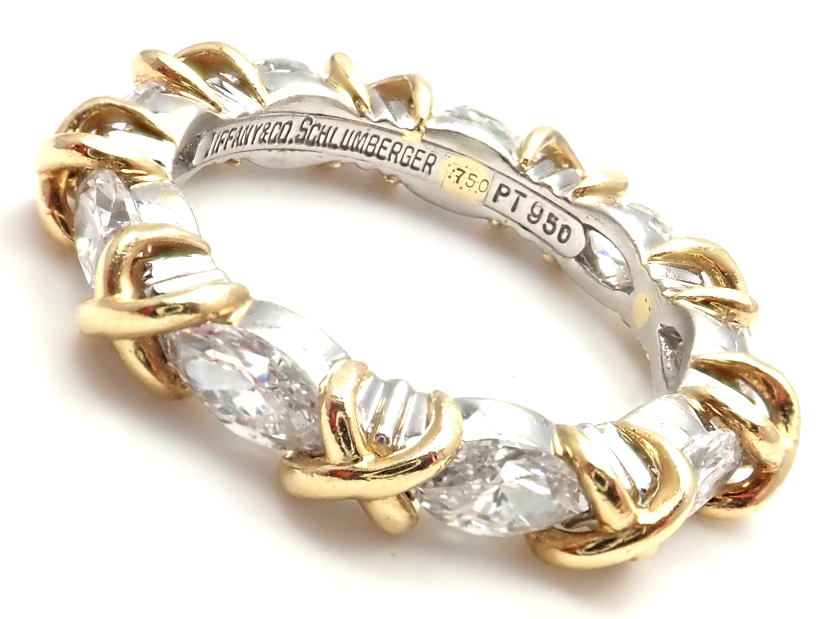 18k Yellow Gold & Platinum Diamond Jean Schlumberger Band Ring designed for Tiffany & Co. 
With 9 Marque Cut Diamonds VVS1-VS2 clarity, F-G color, Total weight Approx 1.48ct
This ring comes with Tiffany & Co paper.
Details:
Ring Size: 7
Weight: 7