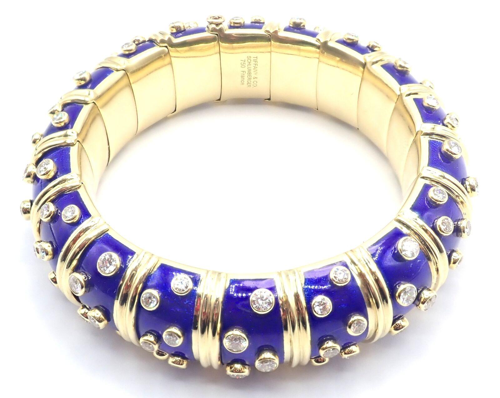 Brilliant Cut Tiffany & Co Jean Schlumberger Dots Blue Enamel Diamond Gold Bangle Bracelet For Sale