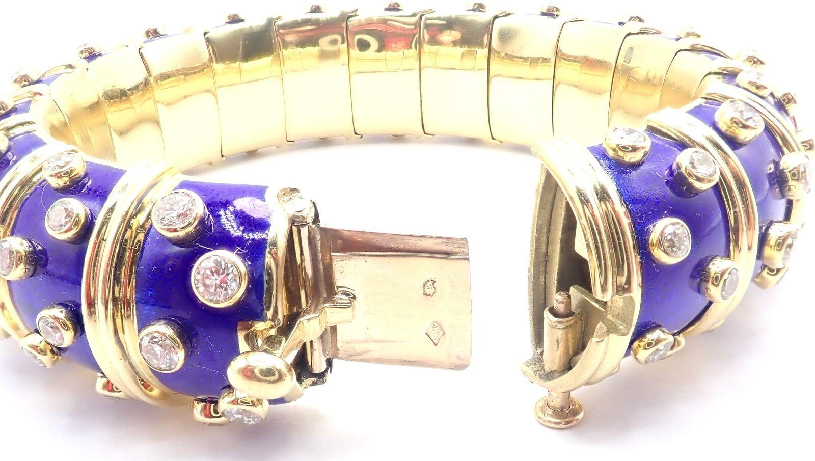 Women's or Men's Tiffany & Co Jean Schlumberger Dots Blue Enamel Diamond Gold Bangle Bracelet For Sale