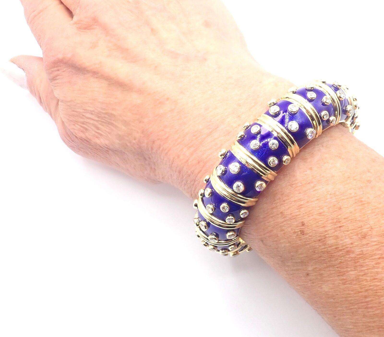 Tiffany & Co Jean Schlumberger Dots Blue Enamel Diamond Gold Bangle Bracelet For Sale 2
