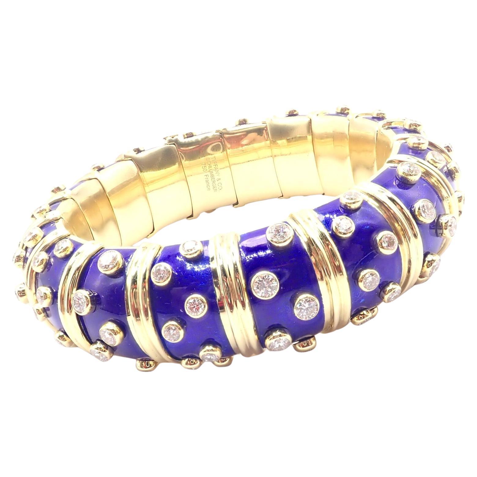 Tiffany & Co Jean Schlumberger Dots Blue Enamel Diamond Gold Bangle Bracelet