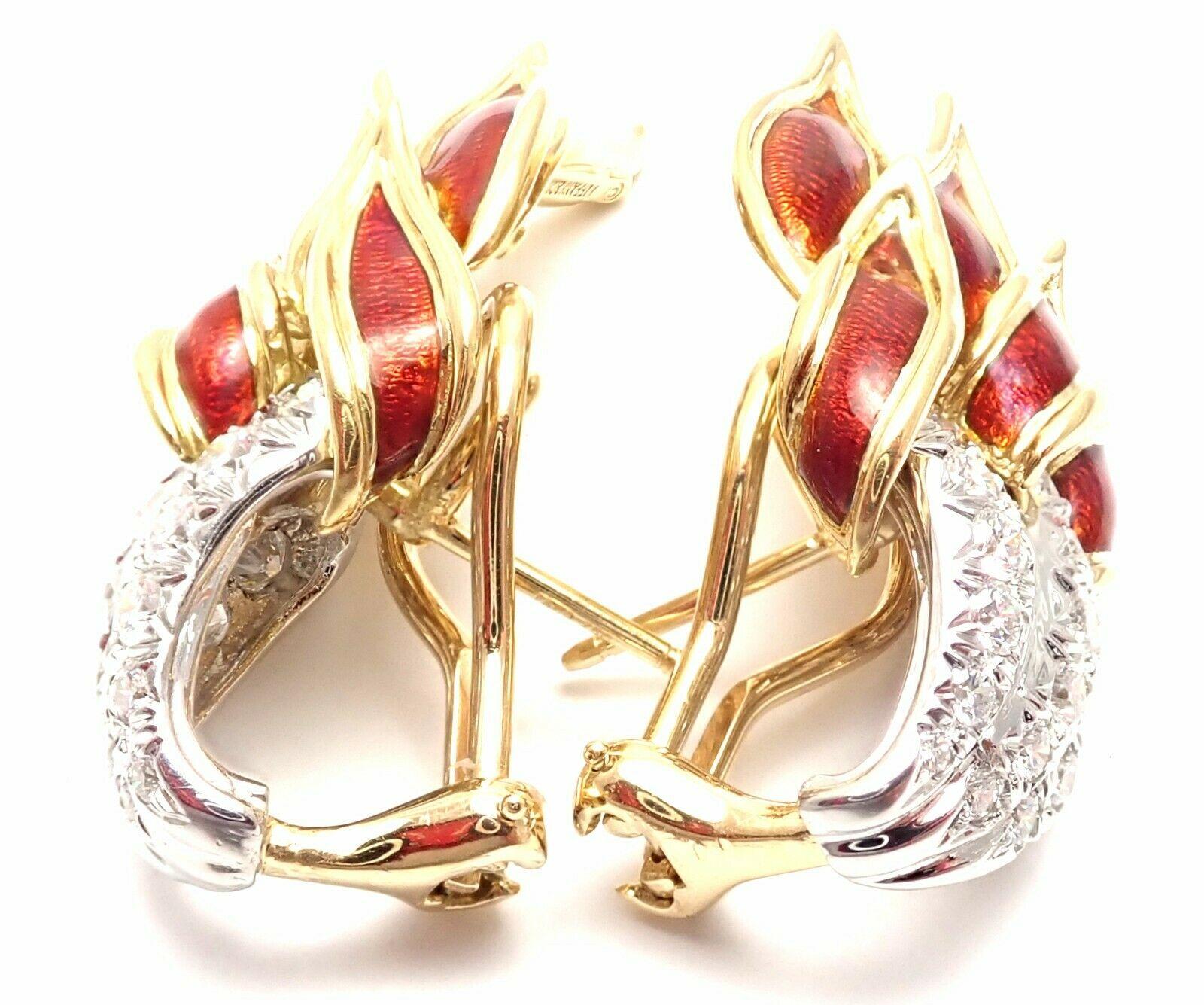 Tiffany & Co Jean Schlumberger Flame Red Enamel and Diamond Yellow Gold Earrings 5