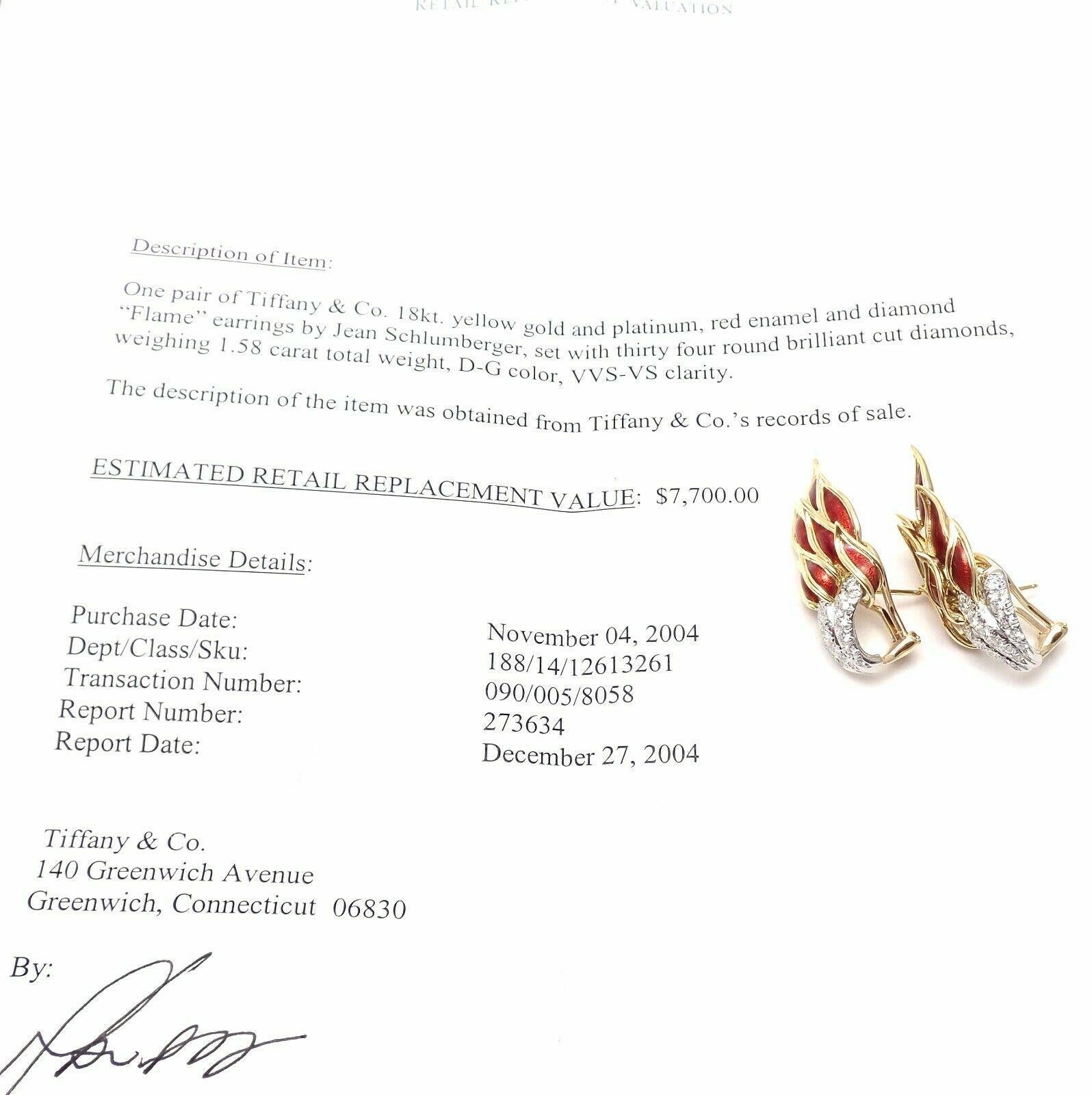 18k Yellow Gold Diamond & Red Enamel Jean Schlumberger Flame Earrings for Tiffany & Co. 
With 34 round brilliant cut diamonds VVS1 clarity, D color total weight approximately 1.58ct 
Red enamel.
These earrings are made for pierced ears.
These