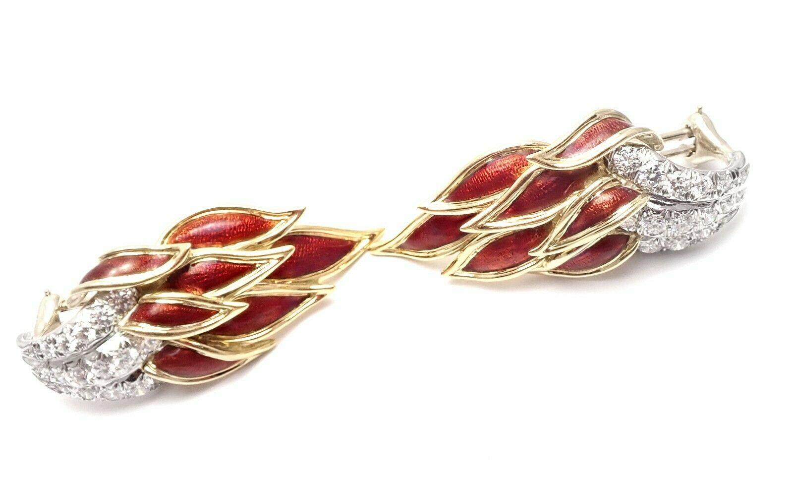 Tiffany & Co Jean Schlumberger Flame Red Enamel and Diamond Yellow Gold Earrings In Excellent Condition In Southampton, PA