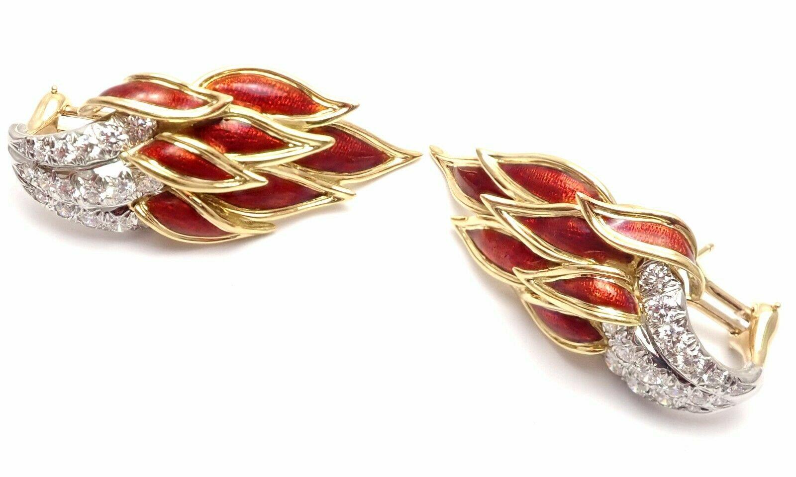 Tiffany & Co Jean Schlumberger Flame Red Enamel and Diamond Yellow Gold Earrings 5